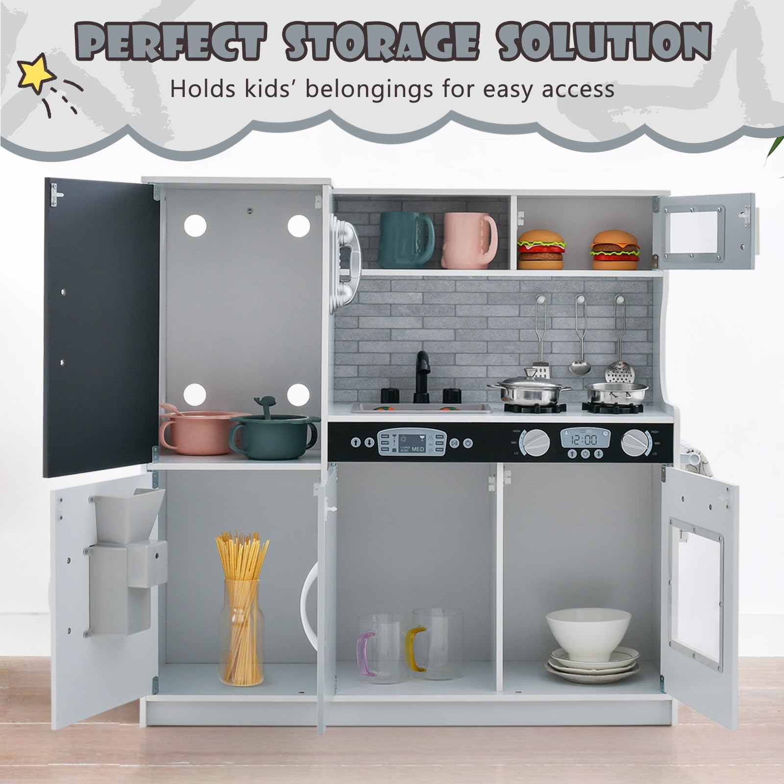 Costzon Wooden Kids Kitchen Playset with Blackboard, Telephone, Microwave & More - Pretend Play Kitchen Toy for Toddlers & Preschoolers Ages 3+ (Grey) | Perfect for Role Play, Birthday Gifts & Early Learning Development