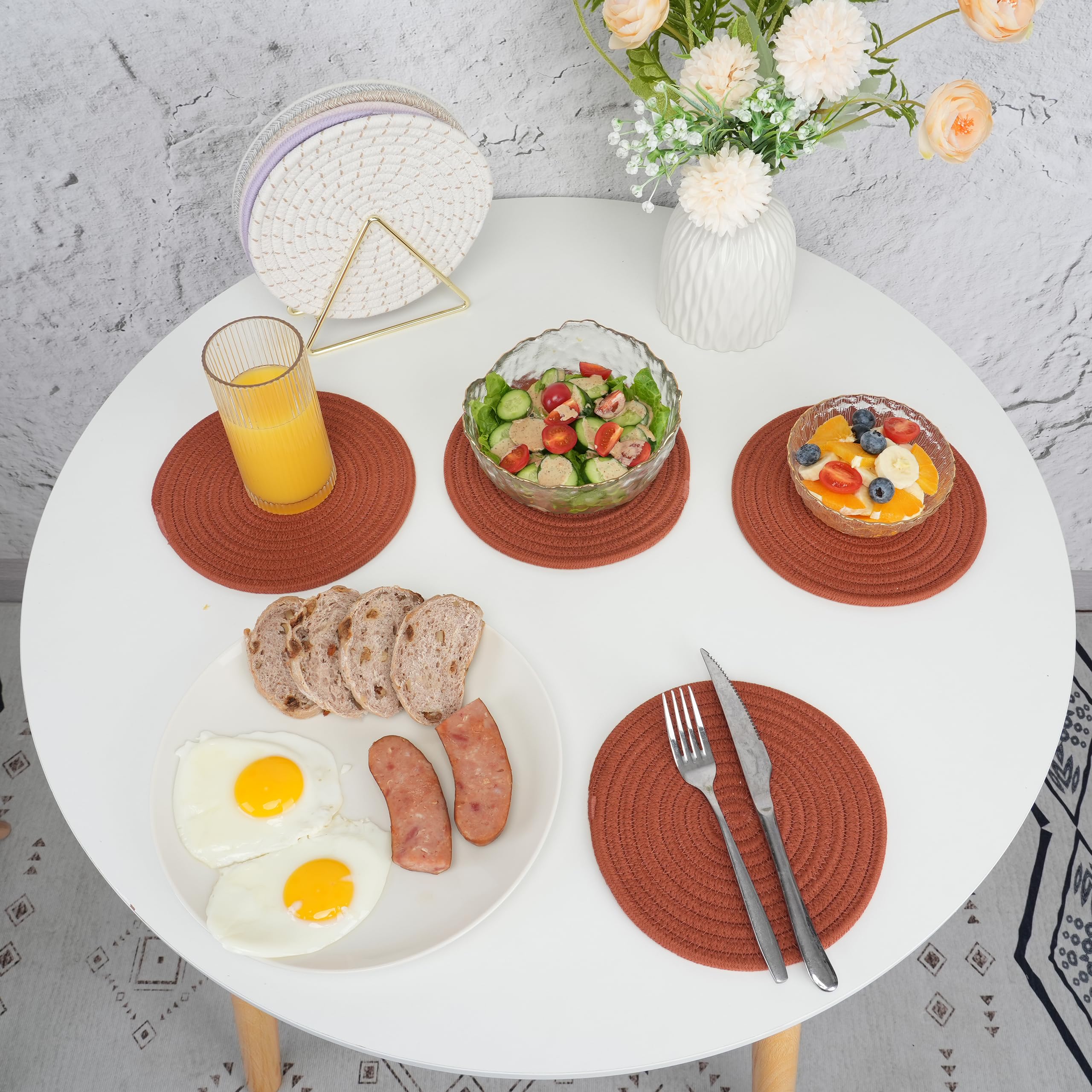 8-Piece Cotton Trivet Set - 8 Inch Heat Resistant Pot Holders & Coasters for Kitchen Countertops - Hot Pads for Dishes, Pots, Pans, Teapots & Bowls - Rustic Style for Dining & Entertaining