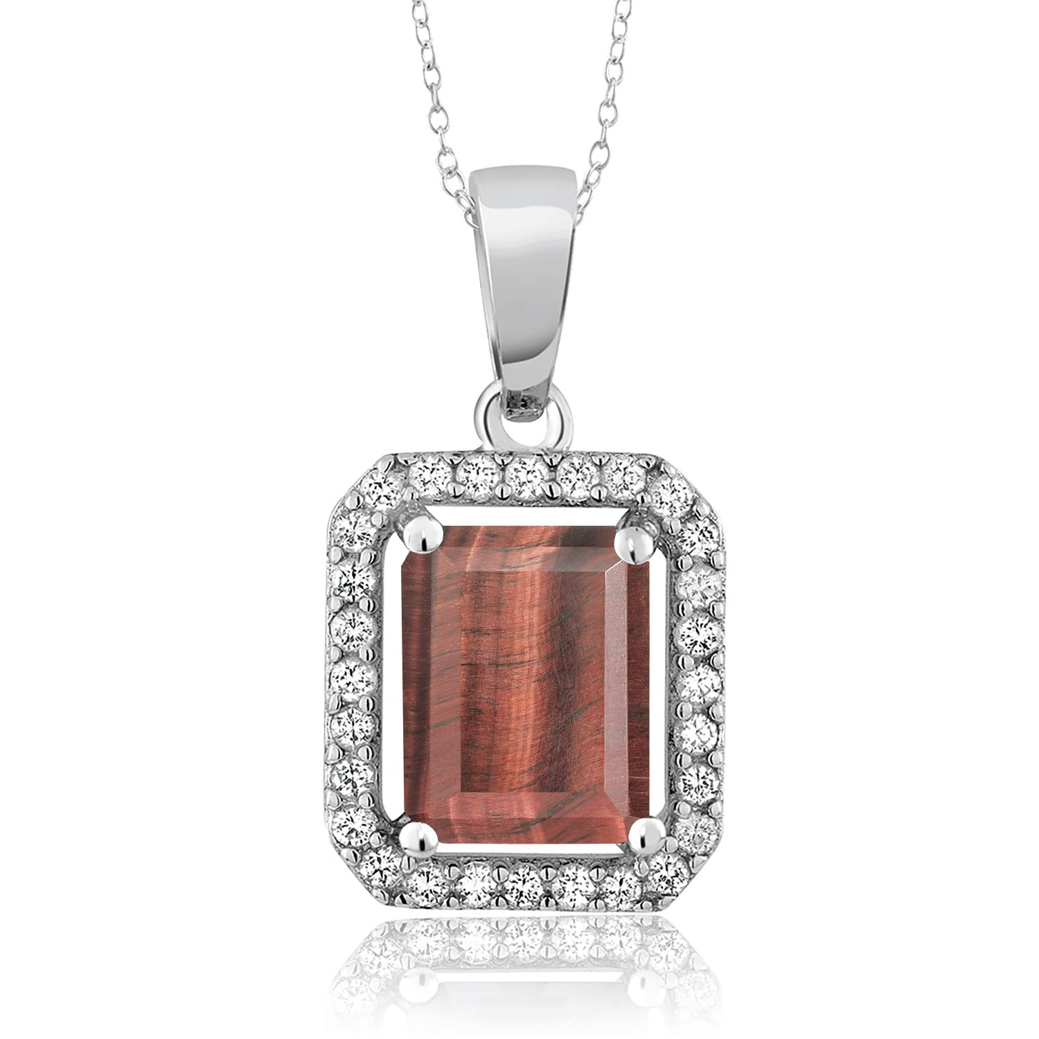 Gem Stone King 925 Sterling Silver Emerald Cut 9X7MM Birthstone Halo Pendant Necklace for Women with 18