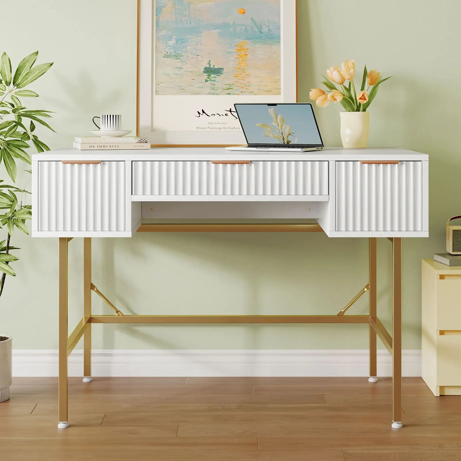 Bestier 47 Inch Modern Fluted Computer Desk with Storage Shelf - Home Office Desk for Small Spaces, Gaming & Study Workstation (Espresso Brown) - Perfect for Home Office, Bedroom, Dorm Room & Workspace
