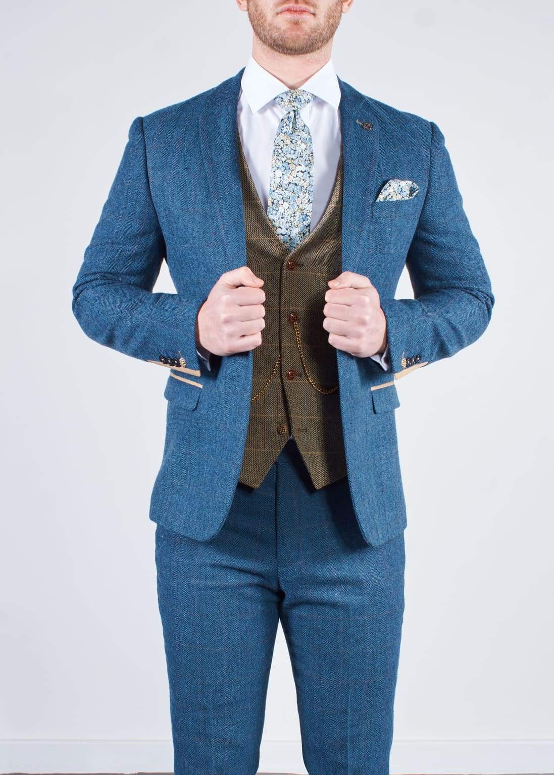 Marc Darcy Blue Tweed 3-Piece Wedding Suit with Brown Waistcoat for Men - Perfect for Formal Weddings, Groomsmen Attire & Special Occasions