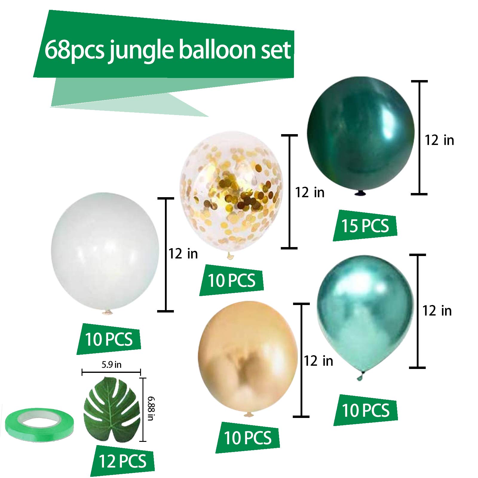 Jungle Safari Party Decorations 68 Pack - Green & Gold Balloons with Palm Leaves for Kids Birthday, Baby Shower & Tropical Theme Parties | Perfect for Jungle-Themed Celebrations, Birthday Decor & Safari Adventure Events