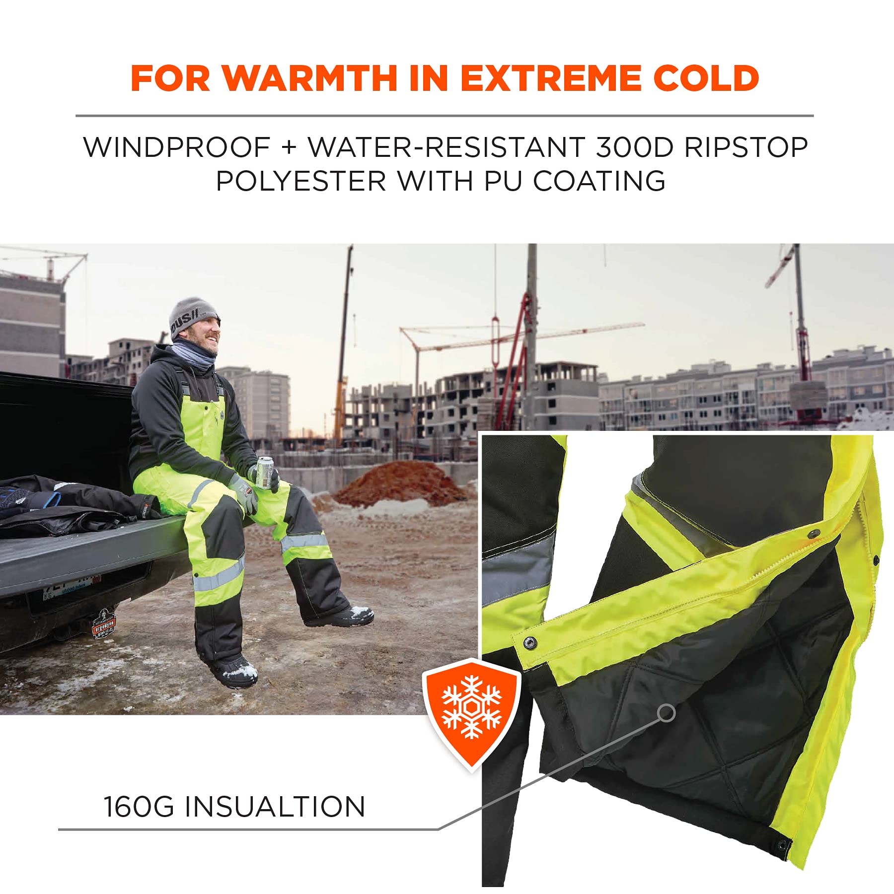Ergodyne GloWear 8928 High Visibility Insulated Thermal Bib Overalls - Weather-Resistant Workwear for Cold Outdoor Jobs & Construction Safety