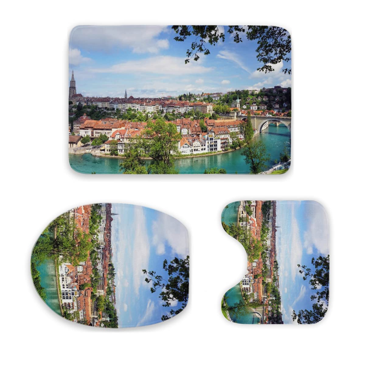 3-Piece Bathroom Rug Set - Non-Slip, Ultra Soft & Absorbent Toilet Mat, Floor Mat & Carpet - Washable & Durable - Perfect for Bathroom, Toilet & Shower Areas - Home Decor with Old Town Bern Switzerland View