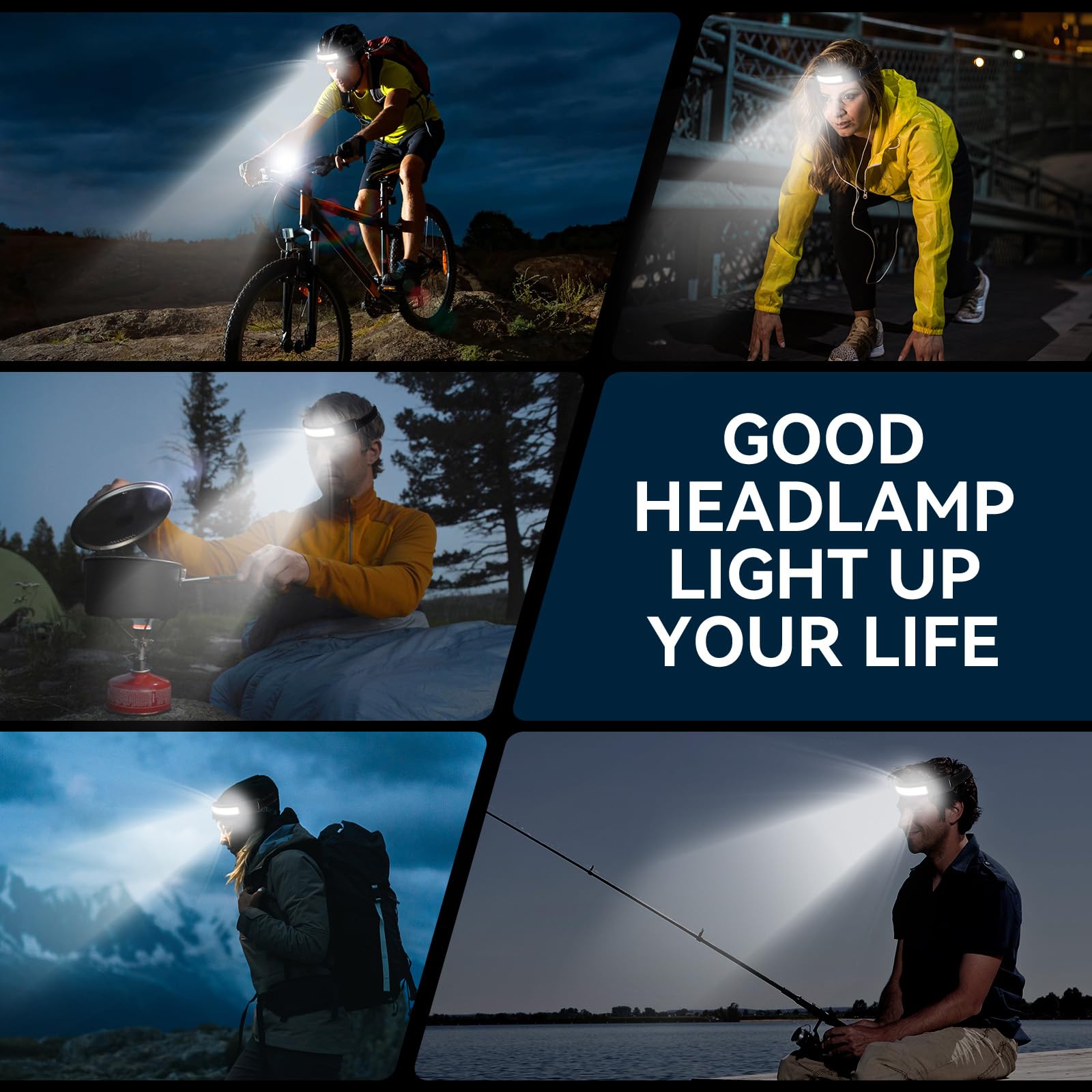 Rechargeable LED Headlamp - Waterproof Headlight Flashlight for Camping, Running, Cycling & Fishing - 5 Light Modes - Lightweight Headlamp for Adults (Black) - Perfect for Night Hiking, Emergency Work & Outdoor Adventures