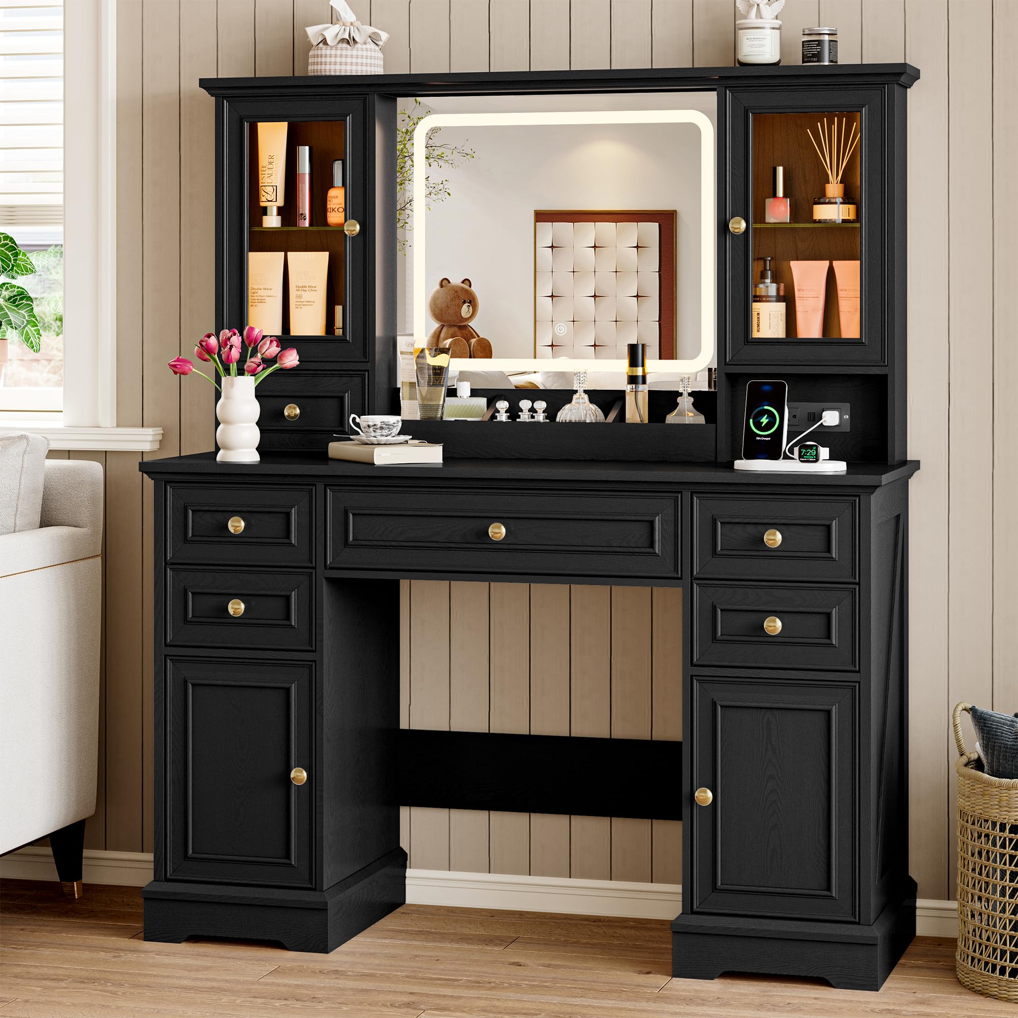 Vanity Desk with LED Lights & Large Mirror - 3 Color Modes, Power Outlet & USB Ports, 6 Drawers & 2 RGB Glass Cabinets - Farmhouse Dressing Table for Women & Girls (Black) - Perfect for Bedroom Makeup, Skincare & Jewelry Organization