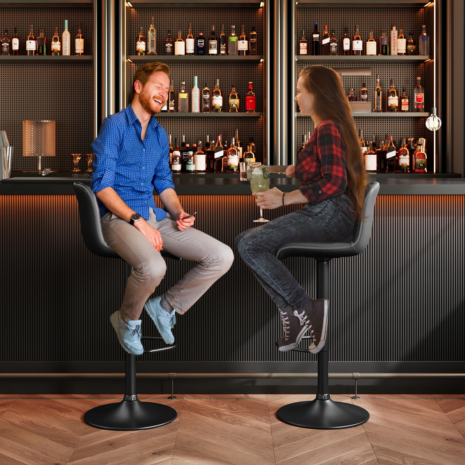 CuisinSmart Adjustable Swivel Bar Stools Set of 2 - Modern Upholstered Counter Height Bar Chairs with Footrest & Backrest - Perfect for Kitchen Island, Home Bar, Breakfast Nook & Dining Room - Black