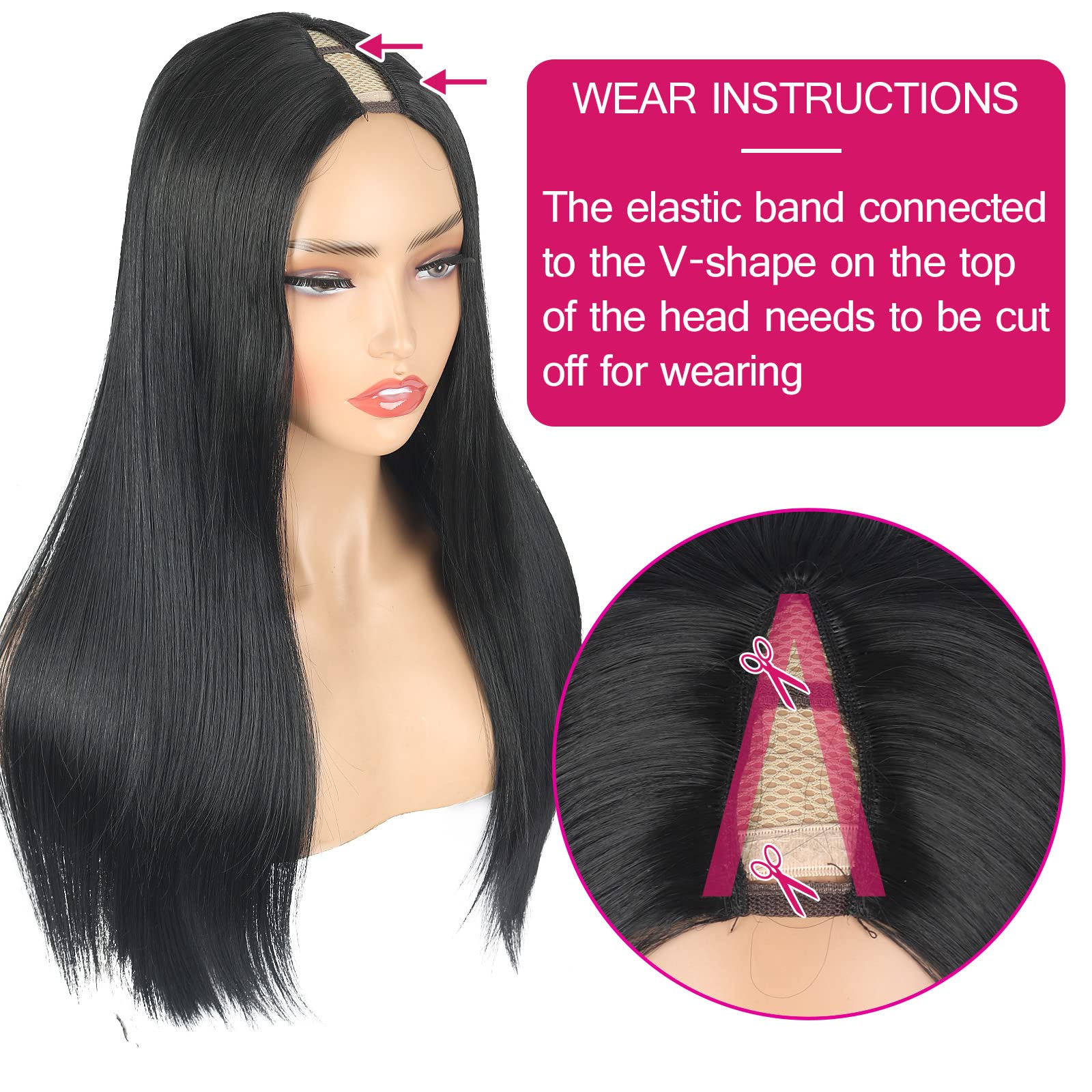 KRSI Straight V Part Wigs for Women - 22 Inch Glueless U Part Wig 1.5''x3.5'' V Shape Synthetic Hair Extension | Natural Black Full Head Clip-in Half Wig | Perfect for Daily Wear, Cosplay & Special Occasions
