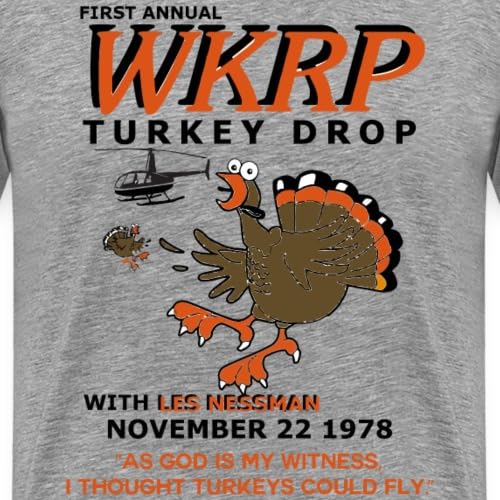 Spreadshirt® WKRP Turkey Drop T-Shirt for Men | Funny Thanksgiving Graphic Tee | Casual Holiday Party Outfit & Gift Idea