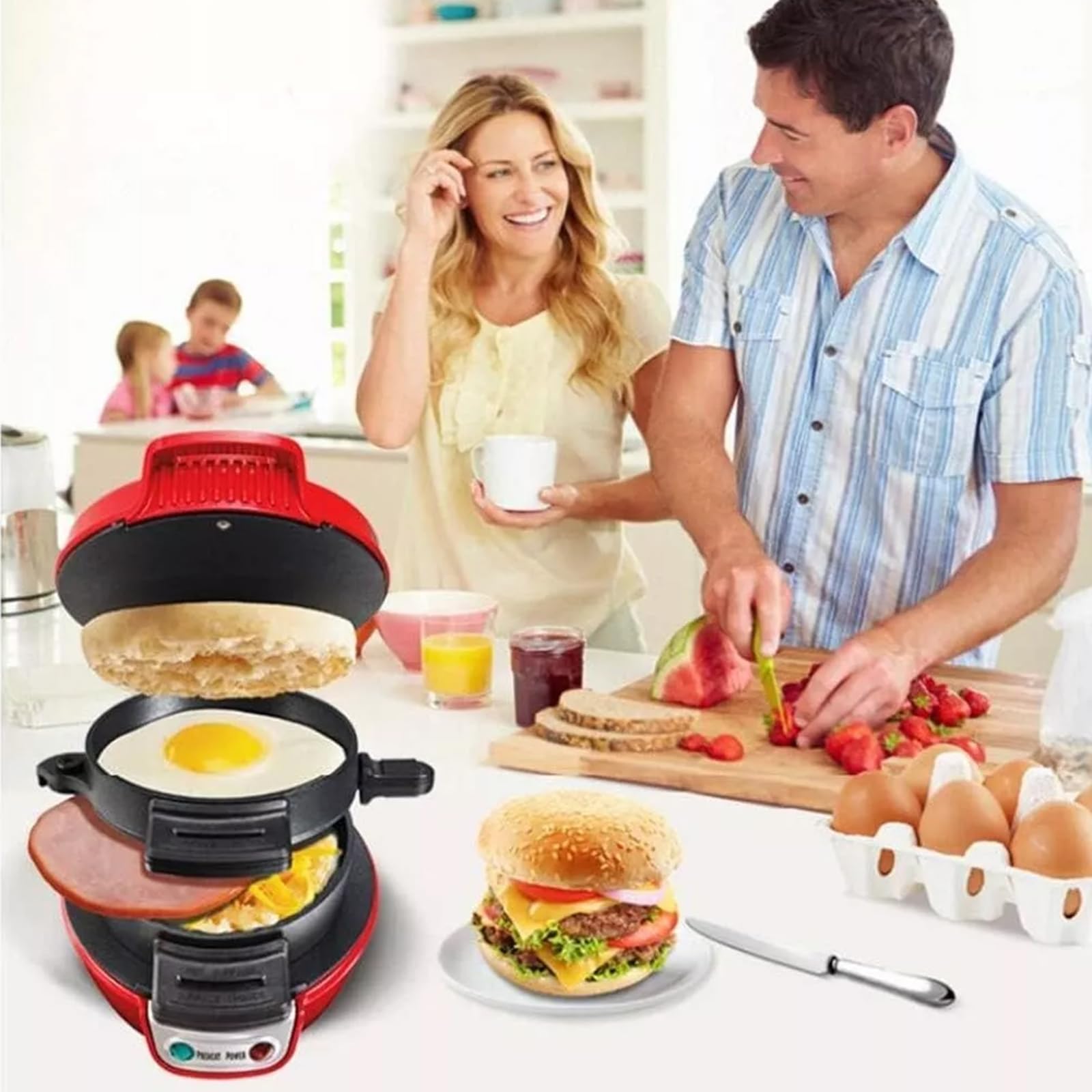 **600W Electric Burger Maker Machine - Egg Cooker Ring & Waffle Press, 5-Min Fast Cooking, 2-Pack - Perfect for Breakfast Sandwiches, Burgers & Quick Meals**
