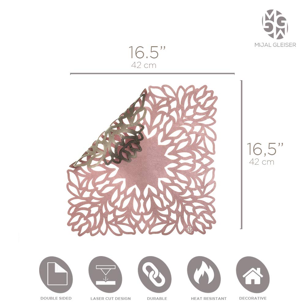 Mijal Gleiser Double Sided Laser Cut Placemats - Heat Resistant, Non Slip, Stain Proof Table Mats Set of 4 - Sea Flower Collection (Pewter-Rose) for Dining Table, Kitchen, Party Decor, and Home Entertaining