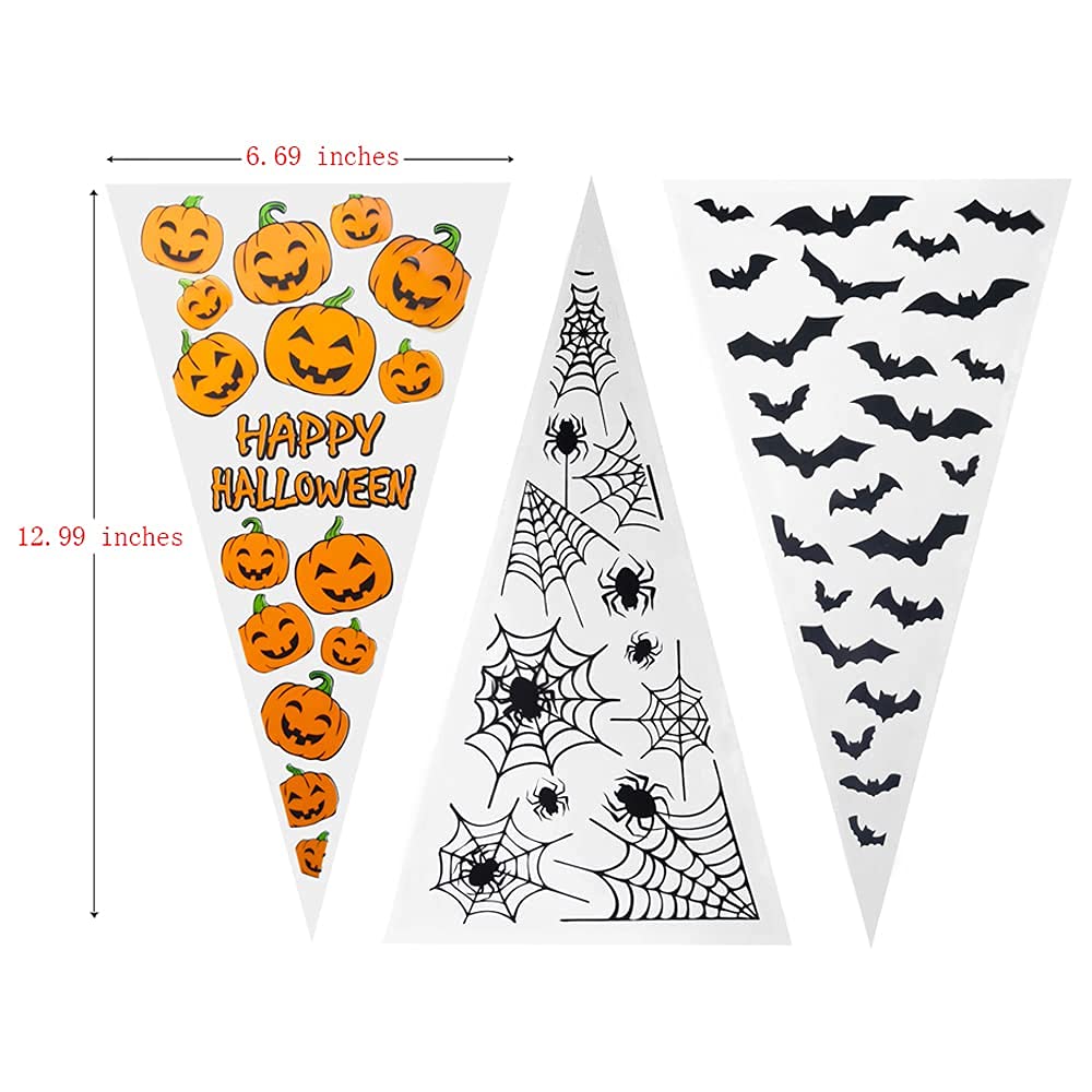 Halloween Candy Cone Bags 150Pc - Bat, Spider Web & Pumpkin Themed Cellophane Treat Bags with Twist Ties | Perfect for Trick-or-Treating, Party Favors & Classroom Treats