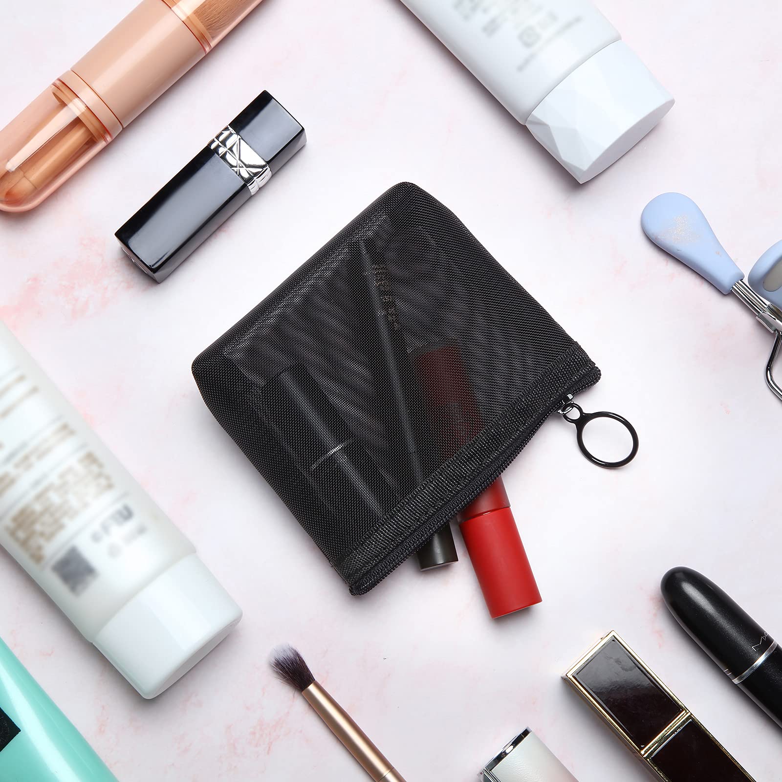 6-Piece Black Mesh Zipper Pouch Set - Breathable Travel Toiletry Bags for Cosmetics, Jewelry & Essentials - Perfect for Home, Office & Vacation Organization (Portable Storage Solution)