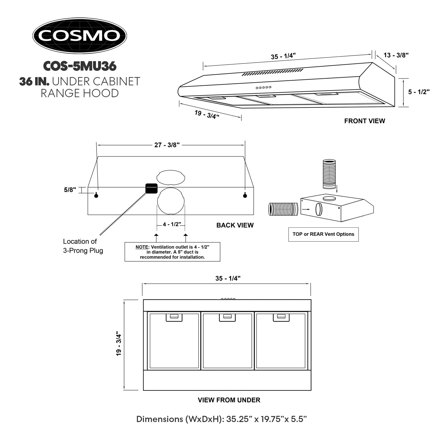 COSMO COS-5MU36 36-inch Stainless Steel Under Cabinet Range Hood with LED Lights, Reusable Filters & Button Controls | Delta Collection | Perfect for Kitchen Ventilation & Smoke Removal