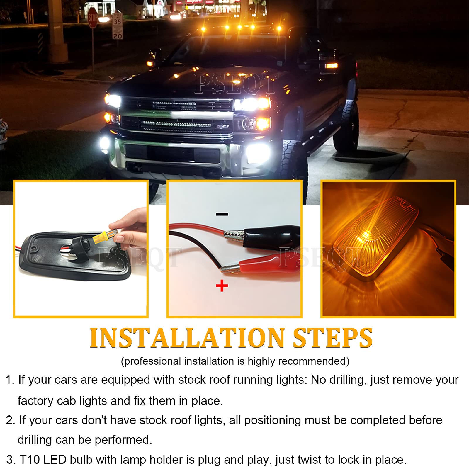 PSEQT 5Pcs LED Cab Roof Marker Lights - Clearance Lights for 1988-2002 Chevy/GMC C/K 1500-7500 Series Trucks - 12V Waterproof Running Lights with Smoke Lens & T10 Bulbs - Perfect for Night Driving & Heavy-Duty Trucking