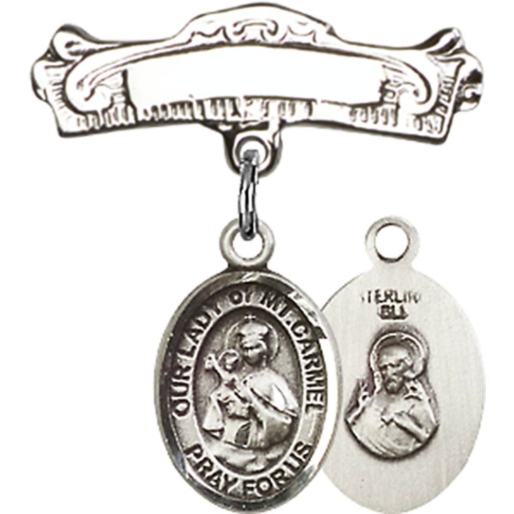 925 Sterling Silver Baby Badge with Our Lady of Mount Carmel Charm - Arched Polished Pin (7/8