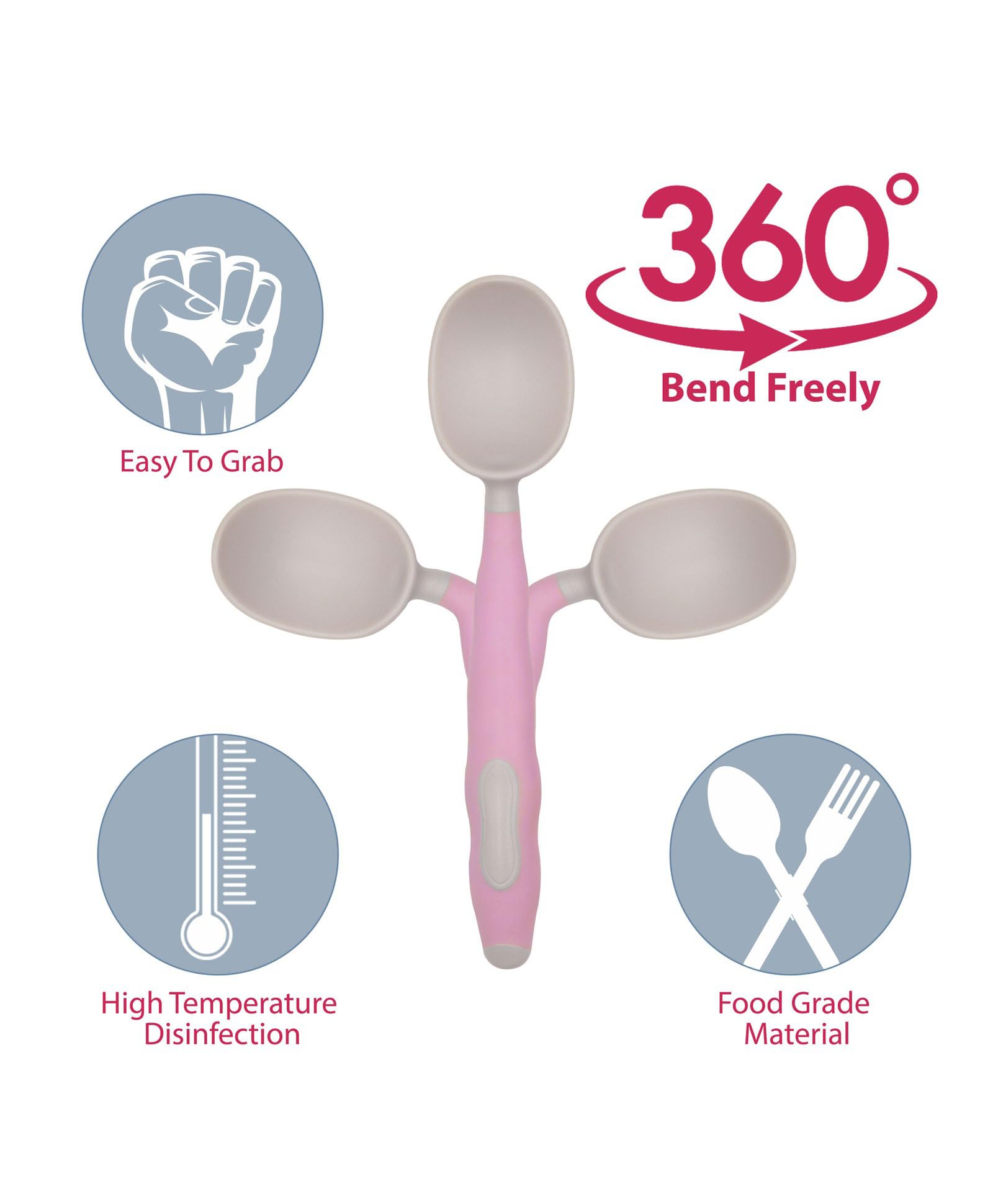 Kritiu BPA-Free Silicone Teether & Baby Spoons Set - Safe Infant Feeding Essentials for Babies 6+ Months - Perfect for Soothing Teething Pain & First Solid Foods (Pink & Baby Pink) | Ideal for Home, Travel & Daycare Use