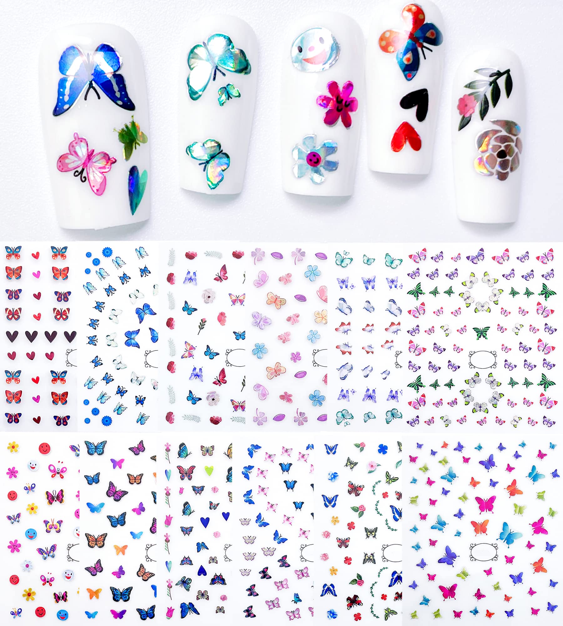 Self-Adhesive Laser Butterfly Nail Stickers - 12 Sheets of Nail Art Decals with Butterfly, Heart, Flower & Leaf Designs for Acrylic & Natural Nails | Perfect for Women & Girls DIY Nail Decorations at Home, Parties & Special Occasions