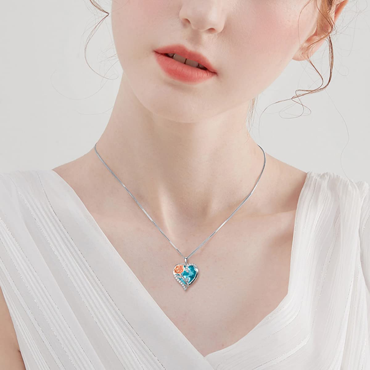 TOUPOP Rose Flower Necklace - 925 Sterling Silver Rose Crystal Pendant with Heart Birthstone, Valentines Day Gifts for Her, Wife, Girlfriend, Mom | Anniversary & Birthday Jewelry | Perfect for Romantic Dates, Proposals & Special Occasions