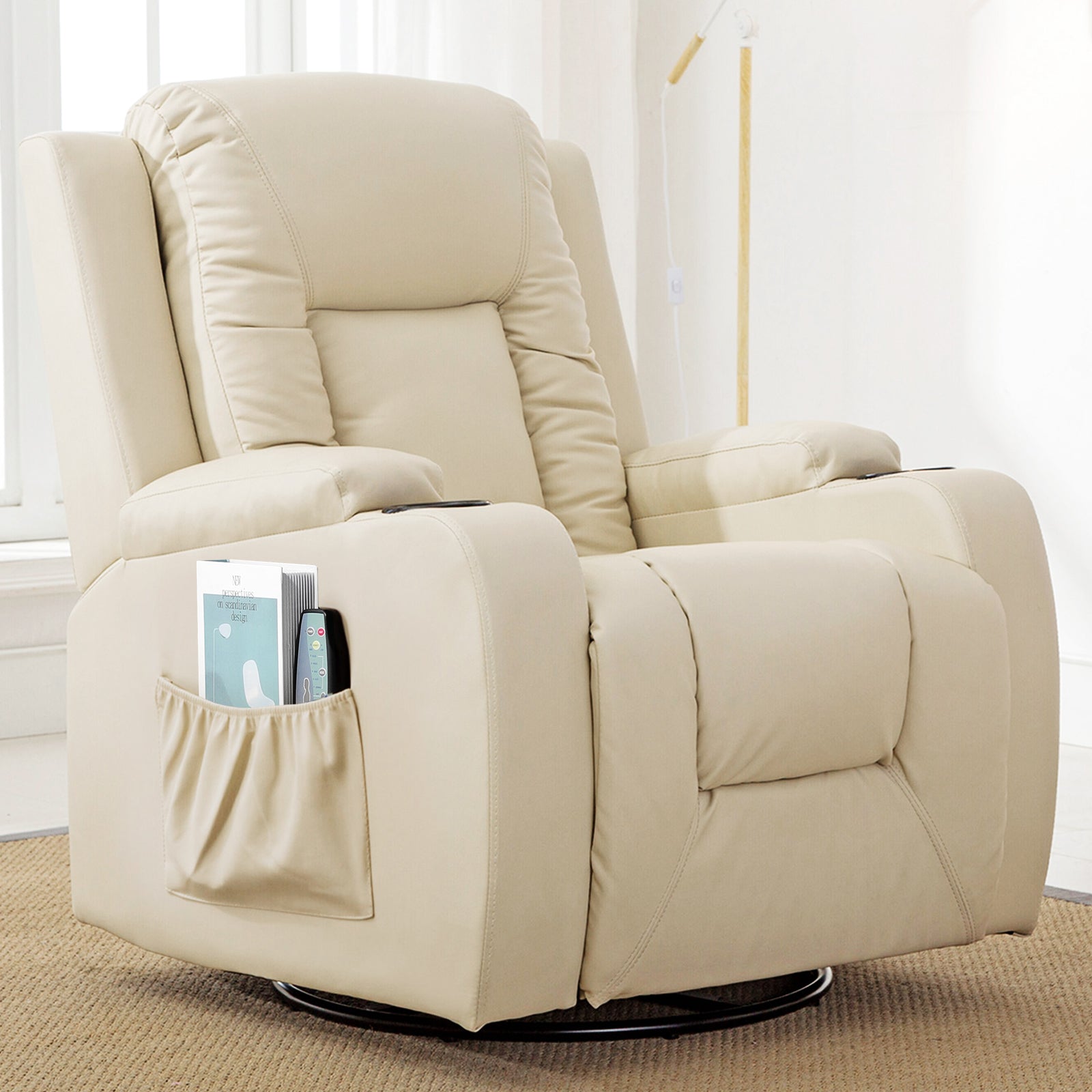 COMHOMA PU Leather Recliner Chair with Heat and Massage - Swivel Rocking Chair for Adults, Single Sofa Seat with Cup Holders & Side Pockets - Perfect for Living Room, Bedroom, Home Theater & Relaxation (Black)