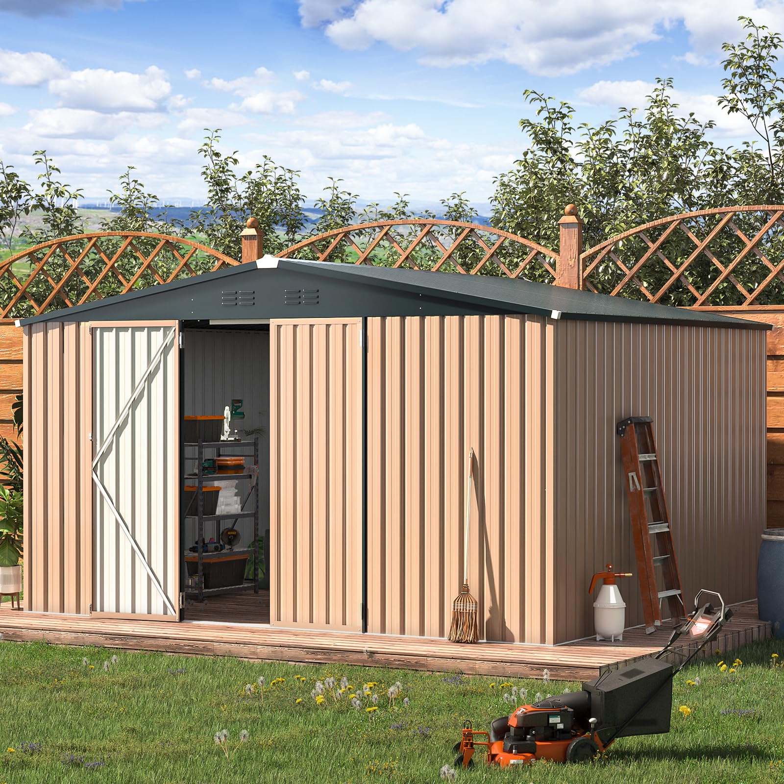 AECOJOY 12' x 10' Extra Large Metal Storage Shed - 116 Sq.Ft Steel Yard Shed with Lockable Doors | Heavy-Duty Utility & Tool Storage for Garden, Backyard, Patio | Perfect for Outdoor Equipment, Lawn Mowers, Bikes & Seasonal Items