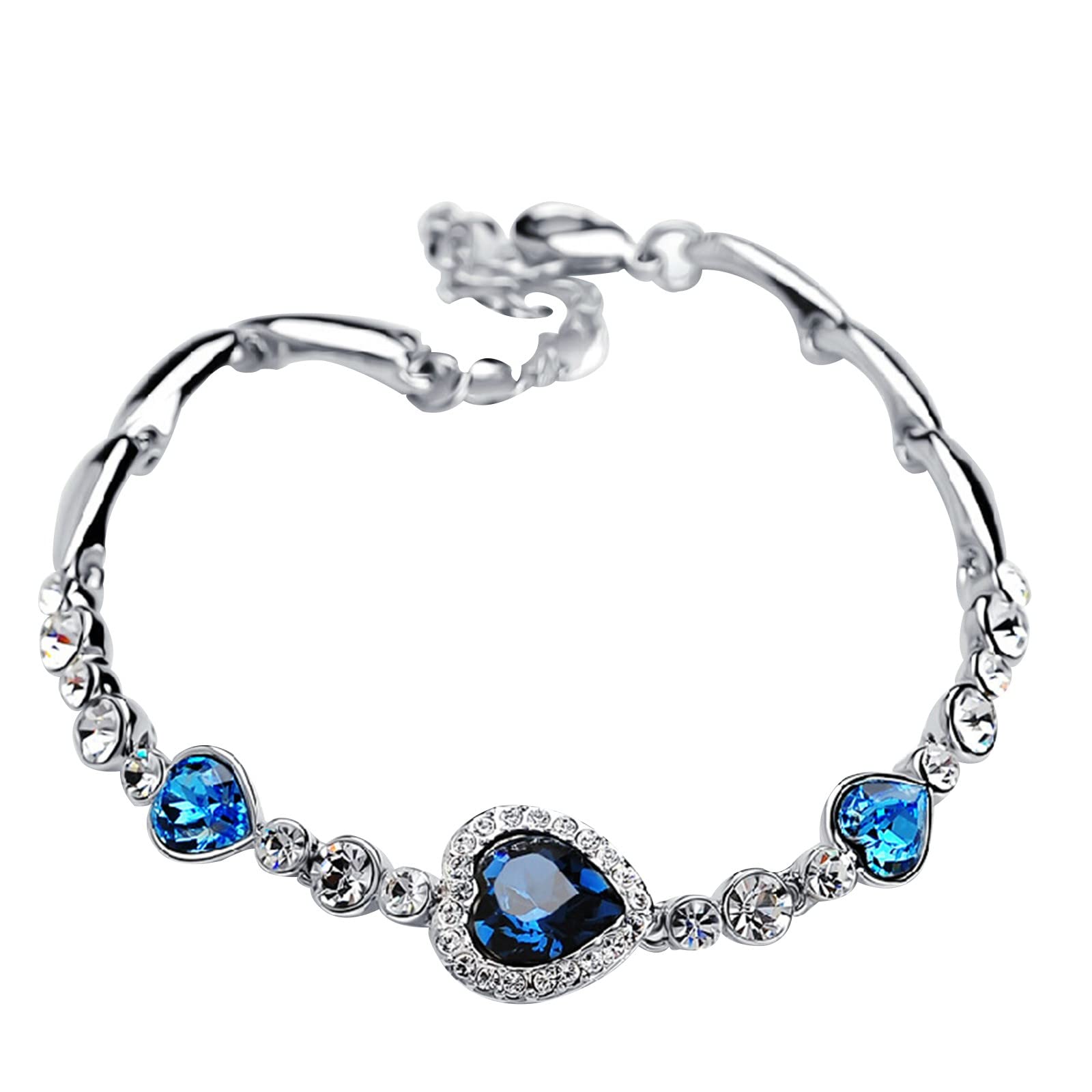 Johtae Sterling Silver Ocean Heart Rhinestone Bracelet for Women - Elegant Dainty Diamond Beaded Bracelet for Girls, Perfect for Valentine's Day Gifts & Special Occasions