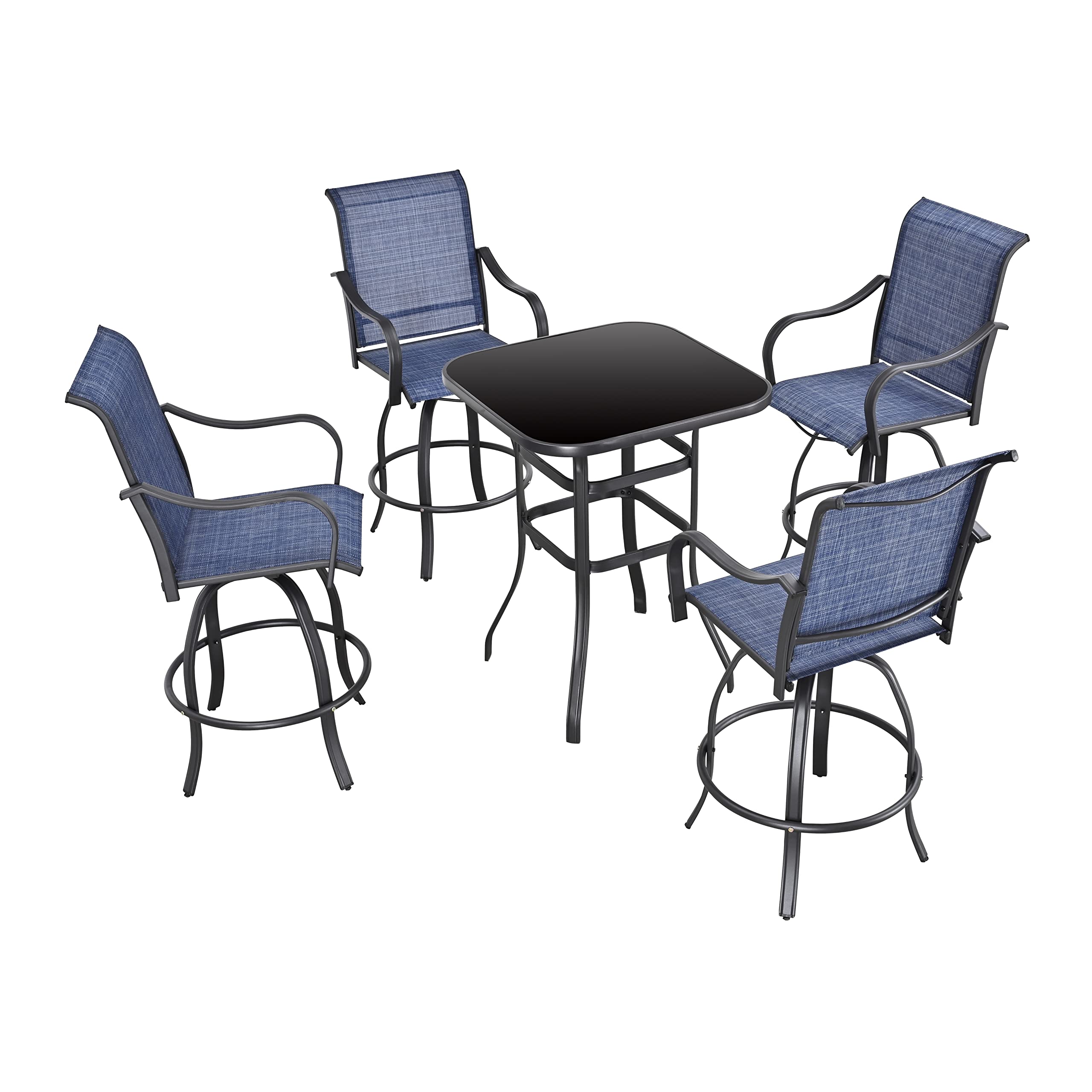 5-Piece Outdoor Patio Bistro Set with 360° Swivel Chairs & Tempered Glass Bar Table - Blue Dining Furniture for Backyard, Garden, and Poolside Relaxation