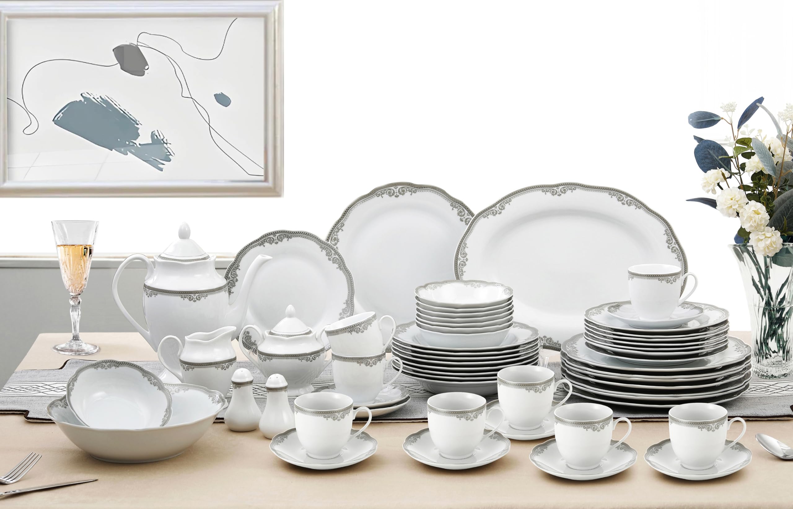 Lorenzo Import Elizabeth 57-Piece Wavy Porcelain Dinnerware Set - Elegant Dinner Plates, Bowls & Cups for Formal Dining, Wedding, Restaurant & Home Use