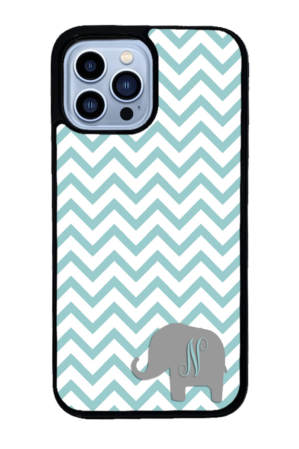 Personalized Initial Black Rubber Phone Case - Teal & White Elephant Design - Compatible with Apple iPhone 16/15/14/13/12 Pro Max Plus, 11, X, 8, 7 Plus - Durable Protective Cover for Everyday Use, Office & Travel