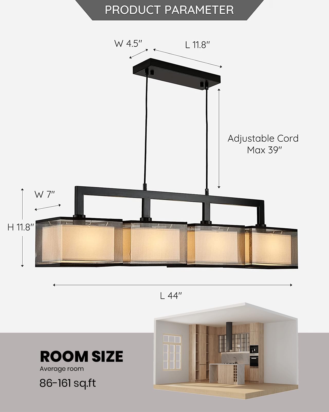 Modern Rectangular Chandelier - 4-Light Hanging Fixture with Adjustable Fabric Lampshade for Dining Room, Living Room & Restaurant Decor | Black Finish | Elegant Lighting Solution for Home & Commercial Spaces