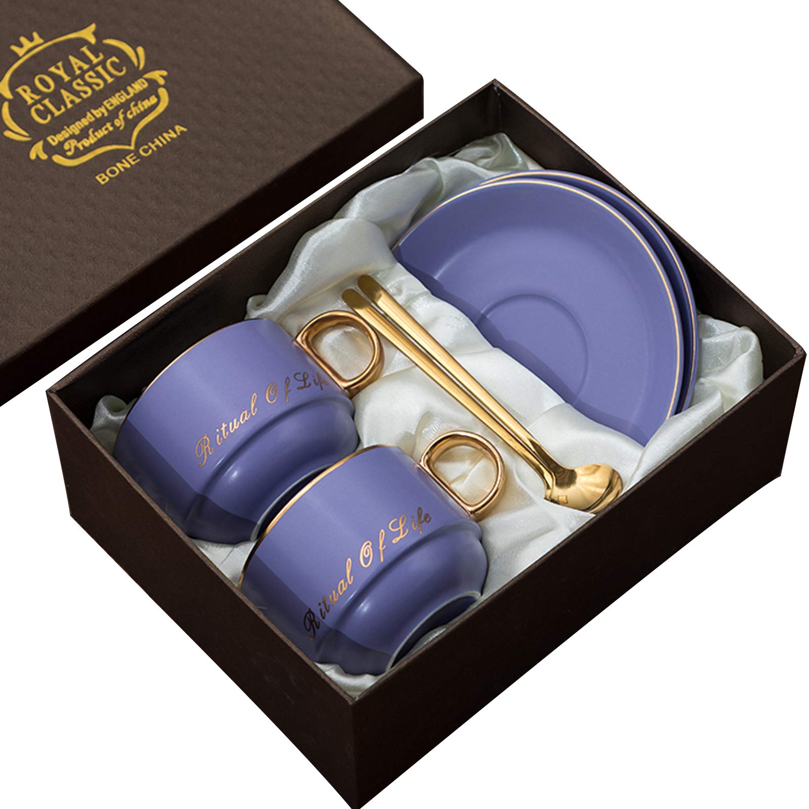 QBLDX European Style Ceramic Coffee Cup and Saucer Set - Handmade Luxury Tea Set with 2 Cups, 2 Plates & 2 Spoons in Gift Box (Color C) - Perfect for Afternoon Tea, Coffee Breaks & Elegant Home Decor