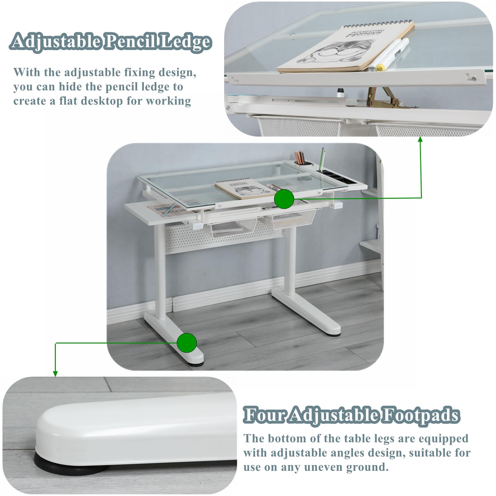 Upgraded Adjustable Height Glass Drafting Table with Hand Crank - Tilting Art & Craft Desk for Artists, Architects & Designers | Includes Stool, 2 Storage Drawers & Side Table | Perfect for Home Office, Studio & Creative Workspace (No.2-White)