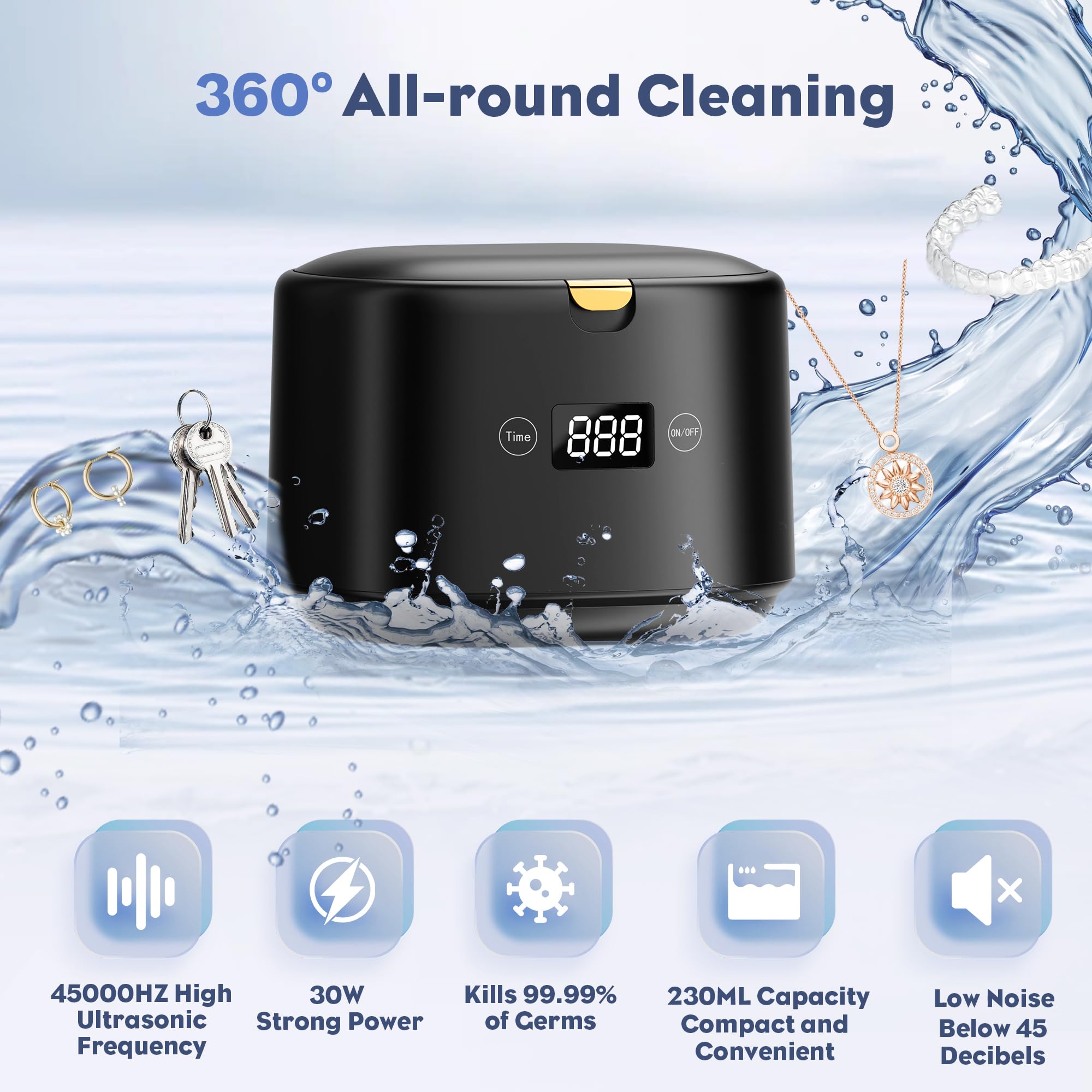 FTCIRA 30W Professional Ultrasonic Jewelry Cleaner - 45kHz 230ML Portable Denture & Jewelry Cleaning Machine for Retainers, Aligners, Braces, Mouth Guards, Razor Heads - Perfect for Travel & Home Dental Care