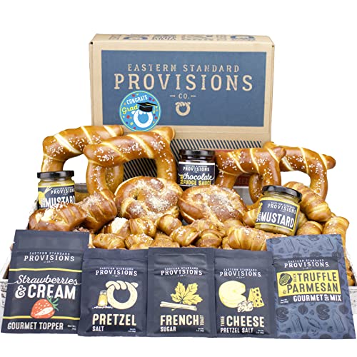 Eastern Standard Provisions Congrats Grad Gift Box - Freshly Baked Gourmet Soft Pretzel Variety Pack with Artisan Salt & Dipping Sauce | Perfect Graduation Gift, Party Snack & Office Treats