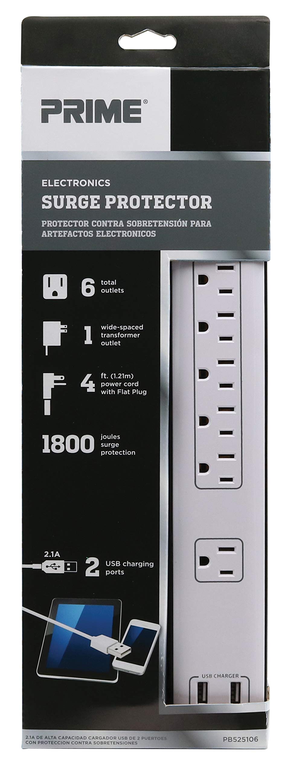 Prime Wire & Cable PB525106 6-Outlet Surge Protector with 4ft Cord & Dual USB Charger (2.4A) - White | Power Strip for Home Office, Gaming Setup & Electronics Protection