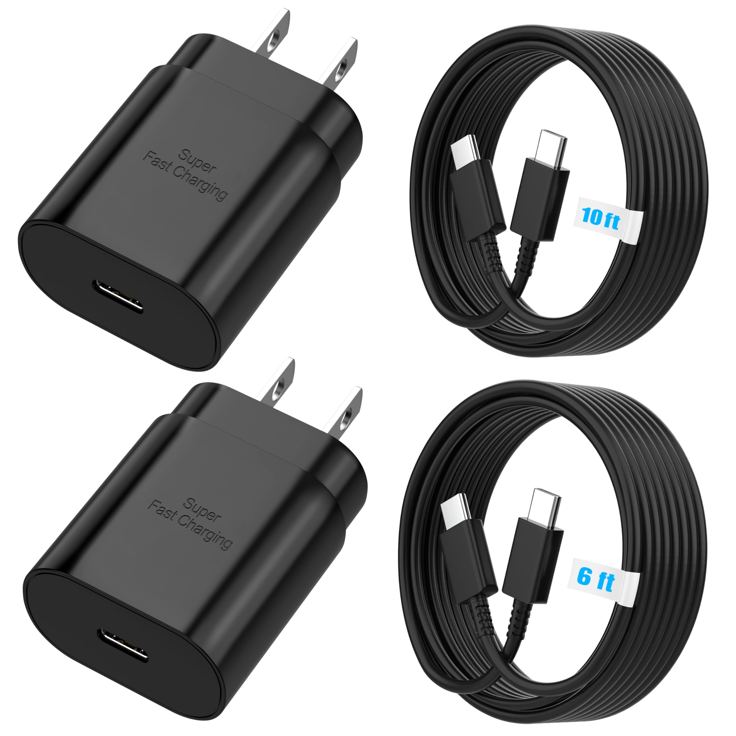 25W Super Fast USB C Charger Block & 6ft+10ft Type C Cable - Compatible with Samsung Galaxy S25/S24 Ultra/S24 Plus/S23/S22/S21/Z Fold 3/4/5 & iPhone 16/15 (2-Pack) - Perfect for Home, Office & Travel Charging