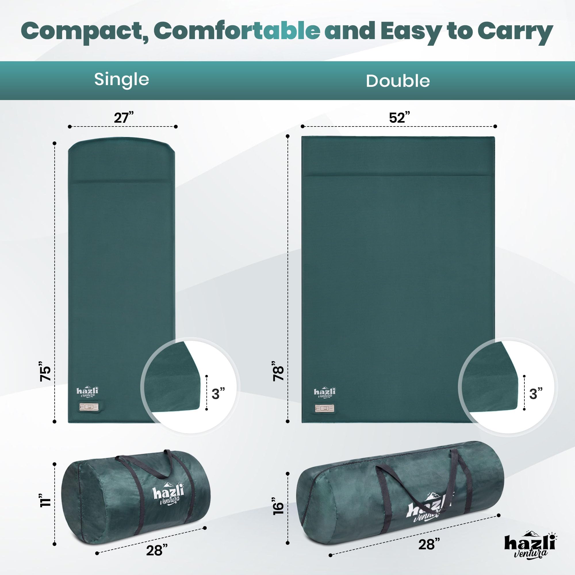 Hazli ComfortMax Self-Inflating Foam Camping Mattress with Pillow & Pump - 75