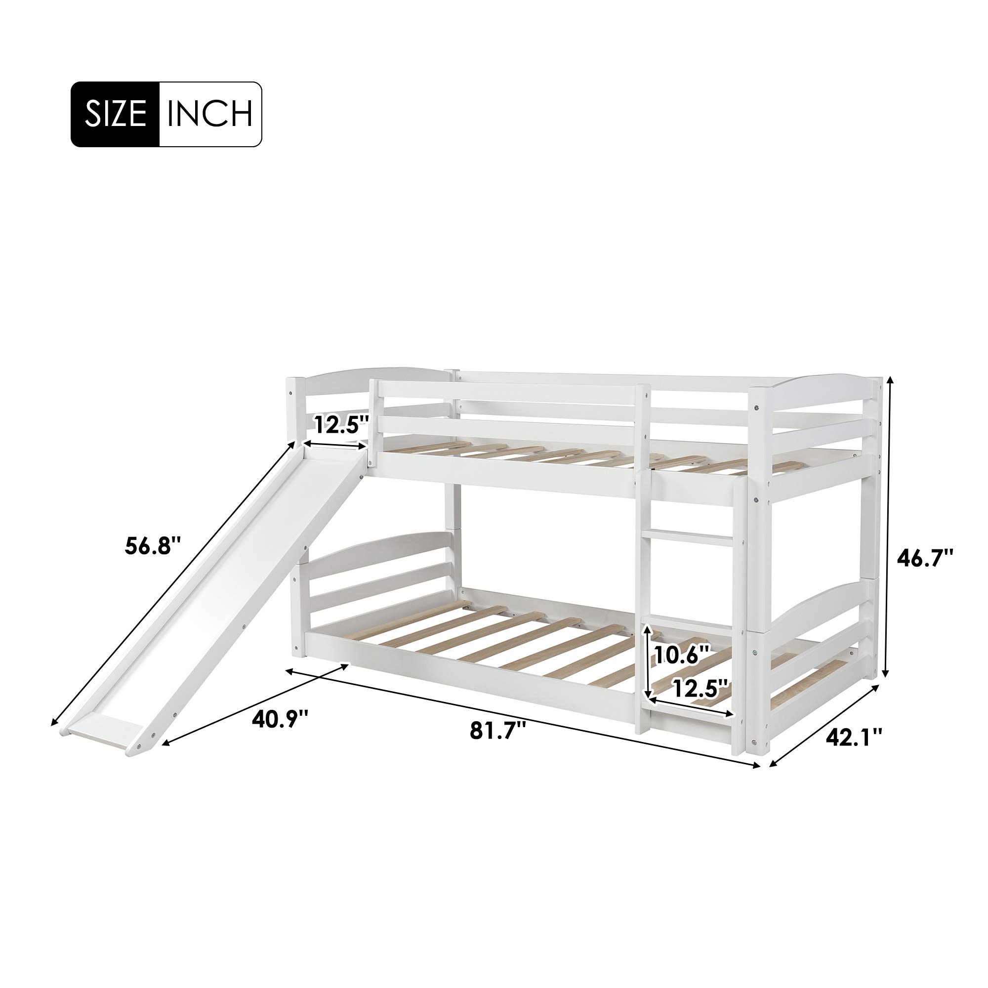Kids Twin Bunk Beds with Slide & Built-in Ladder - Convertible Wooden Low Profile Bunk Bed for Children, No Box Spring Needed (White) - Perfect for Small Bedrooms, Shared Kids Rooms & Sleepovers