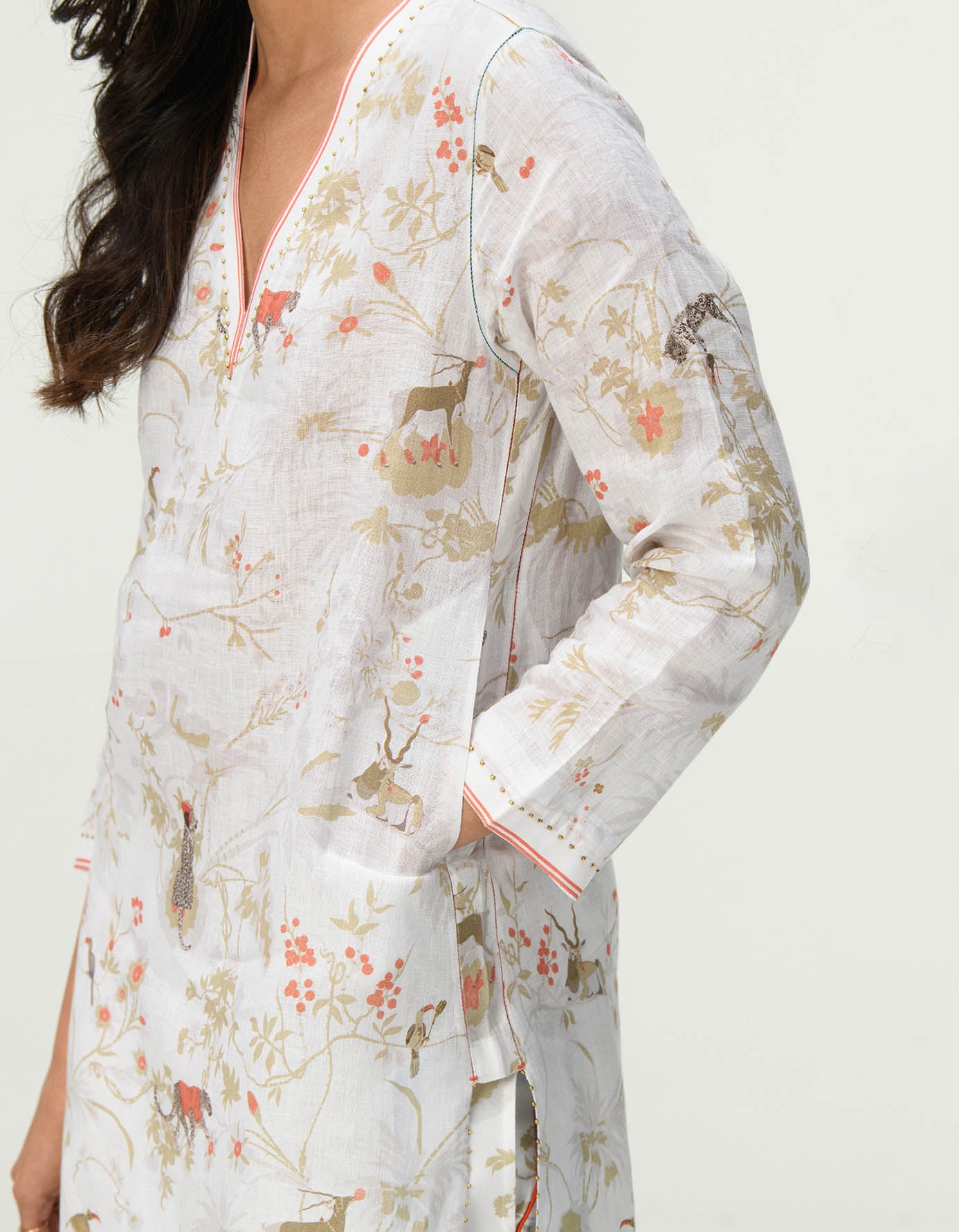 Elegant V Neck Linen Kurta in Ivory - Perfect for Casual Wear, Festivals & Summer Outfits