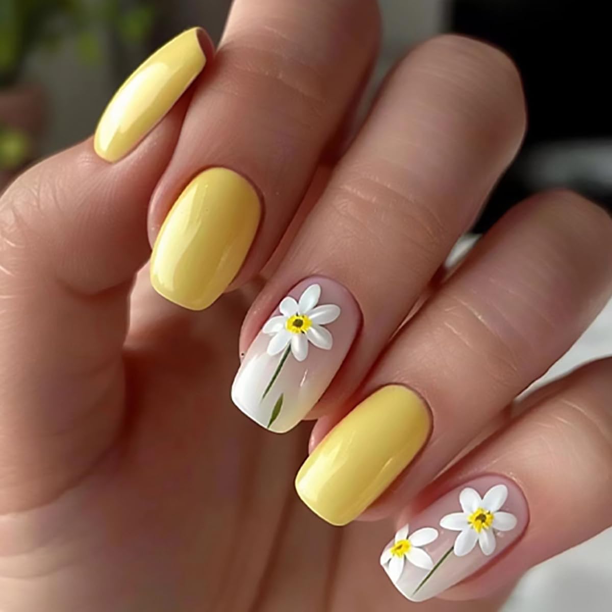24 Pcs Yellow Press on Nails Medium Square - QUNQINLI Fake Nails Full Cover Glossy False Nails with Cute Flowers Design, Acrylic Nail Art Kit with Glue for Women & Girls - Perfect for Parties, Weddings, and Everyday Manicure