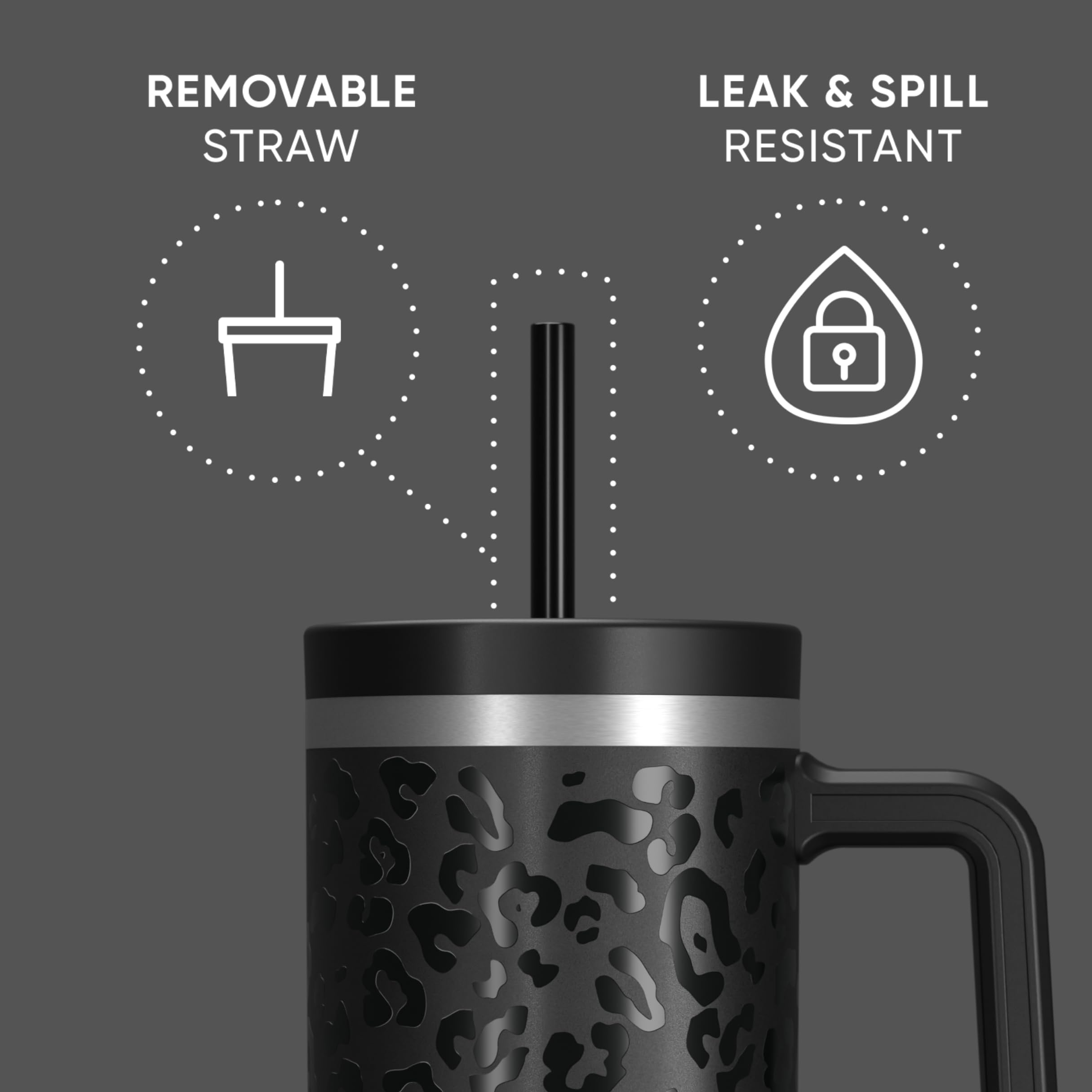 Hydrapeak Voyager 40oz Insulated Stainless Steel Tumbler with Handle & Straw Lid - Leakproof Travel Mug, BPA-Free Water Bottle for Hot & Cold Drinks - Perfect for Hiking, Camping, Office & Gym Use (Black Leopard)