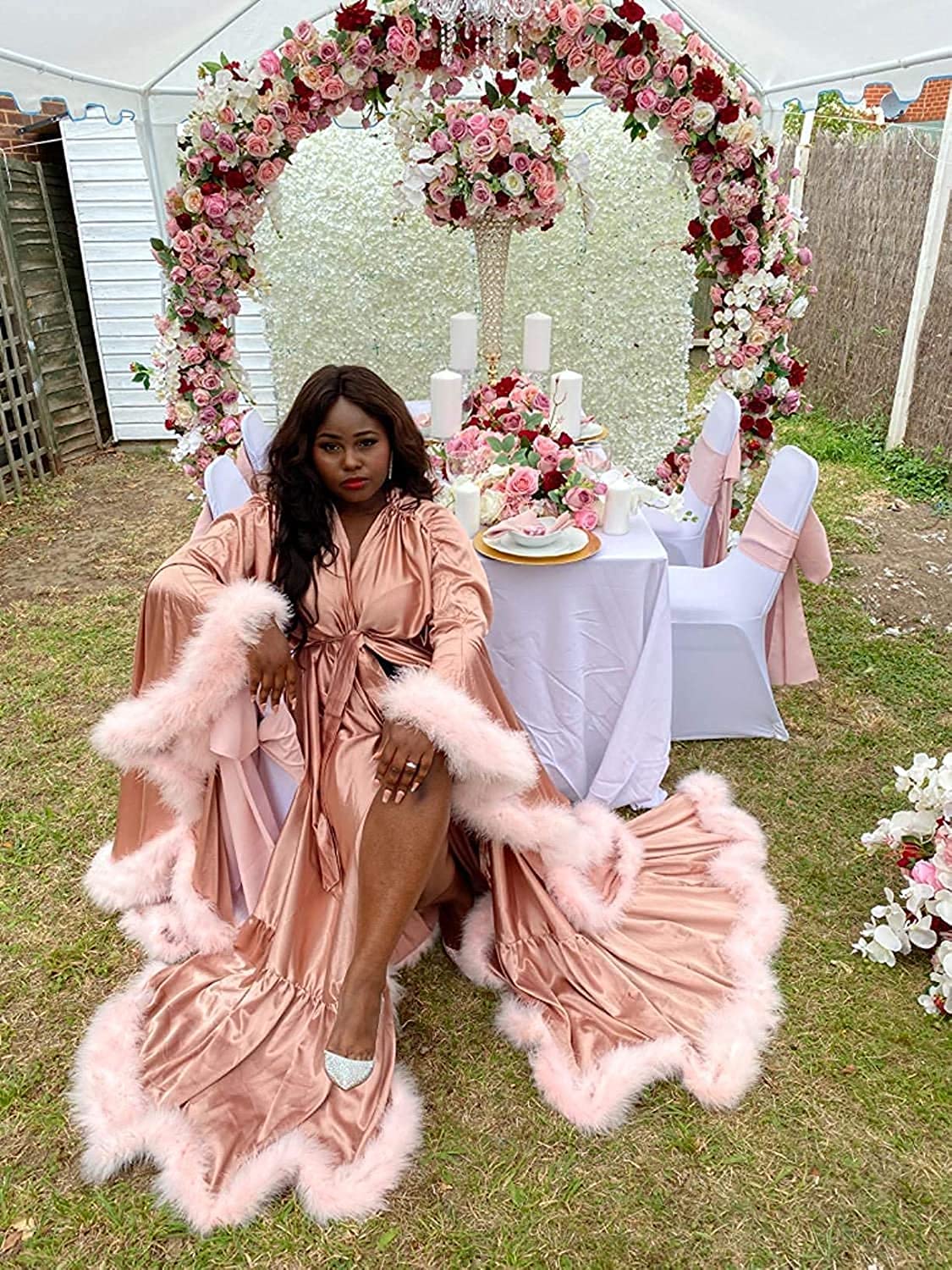 Elegant Women's Feather Trim Bridal Robe - Vintage Hollywood Style Silk Kimono - Maternity & Boudoir Photoshoot Robe - Luxurious Bathrobe & Sexy Lingerie - Perfect for Wedding Morning, Bridal Shower, Maternity Photos & Romantic Getaways