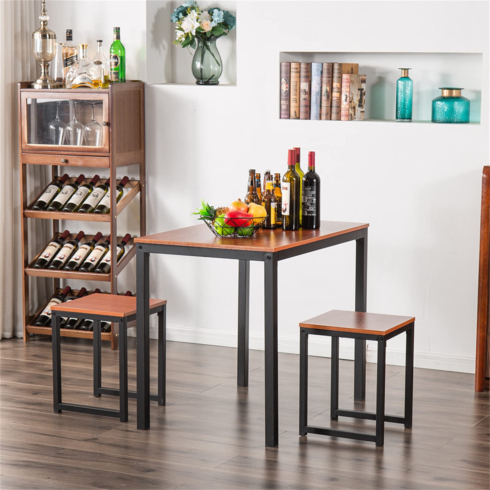 Modern 3-Piece Bar Height Dining Table Set with Wood Grain Tabletop & Black Metal Frame - Kitchen, Pub, Coffee Shop Furniture for Home & Commercial Use (Red Brown) | Perfect for Small Spaces, Breakfast Nooks & Cafe Decor