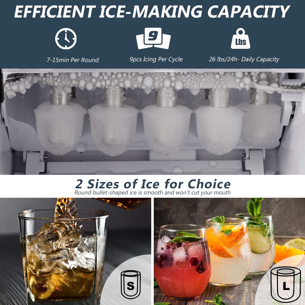SIMOE Countertop Ice Maker Machine - 26.5 LBS/24H, 9 Cubes in 6 Mins, Self-Cleaning, 304 Stainless Steel, LED Display - Perfect for Home, Office, RV, and Outdoor Parties
