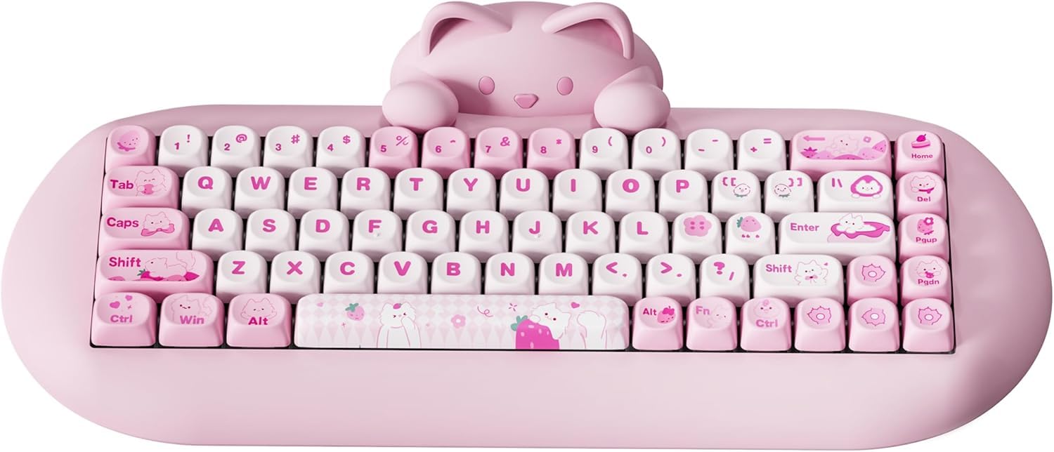 YUNZII C68 Wireless Mechanical Keyboard - 65% Compact Layout, Hot-Swappable, Triple Mode (Bluetooth 5.0/2.4G/Wired), RGB Backlit, NKRO, Ergonomic Cute Cat Silicone Design - Compatible with Windows & Mac (Pink, Milk Switch) - Perfect for Gaming, Office Work & Typing Enthusiasts