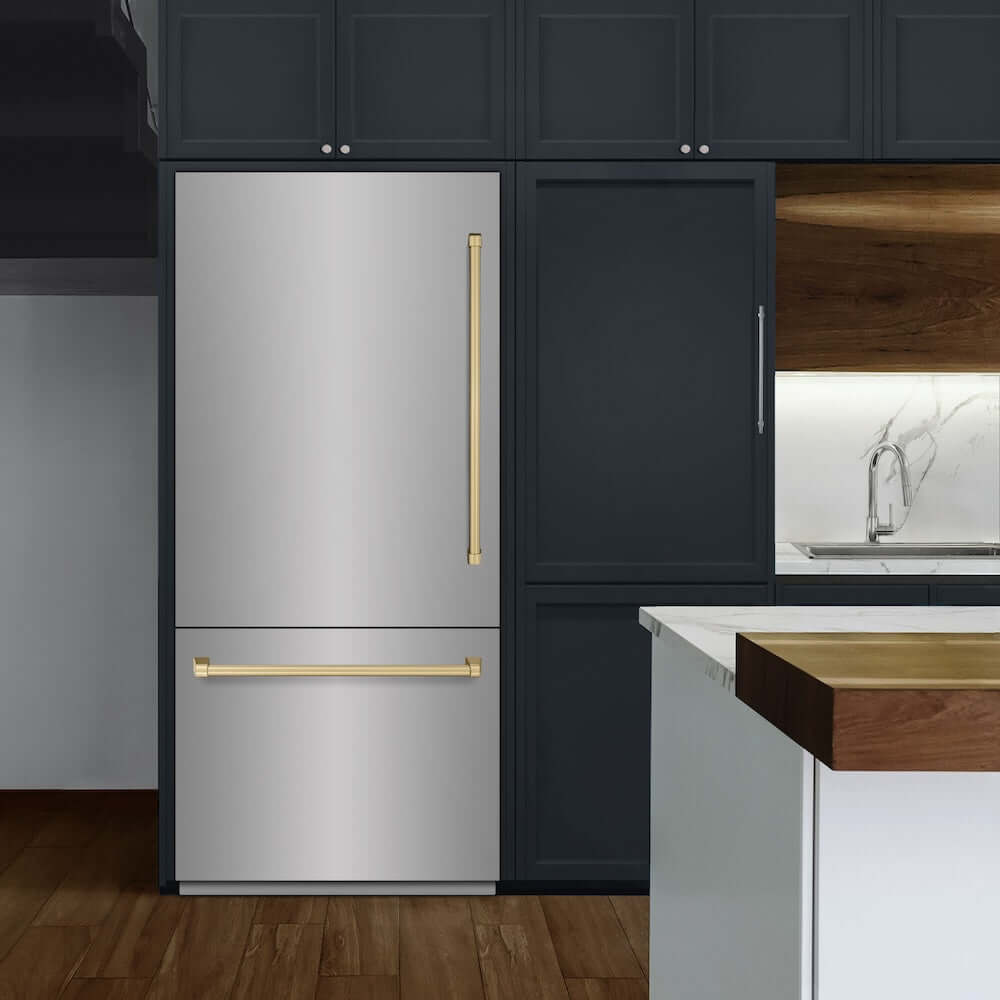 ZLINE Autograph Edition 36 Inch Built-In Bottom Freezer Refrigerator - 19.8 cu.ft Capacity, Stainless Steel with Champagne Bronze Accents, Water Dispenser & Ice Maker - Perfect for Modern Kitchens & Open Concept Homes (RBITZ 304 36CB)