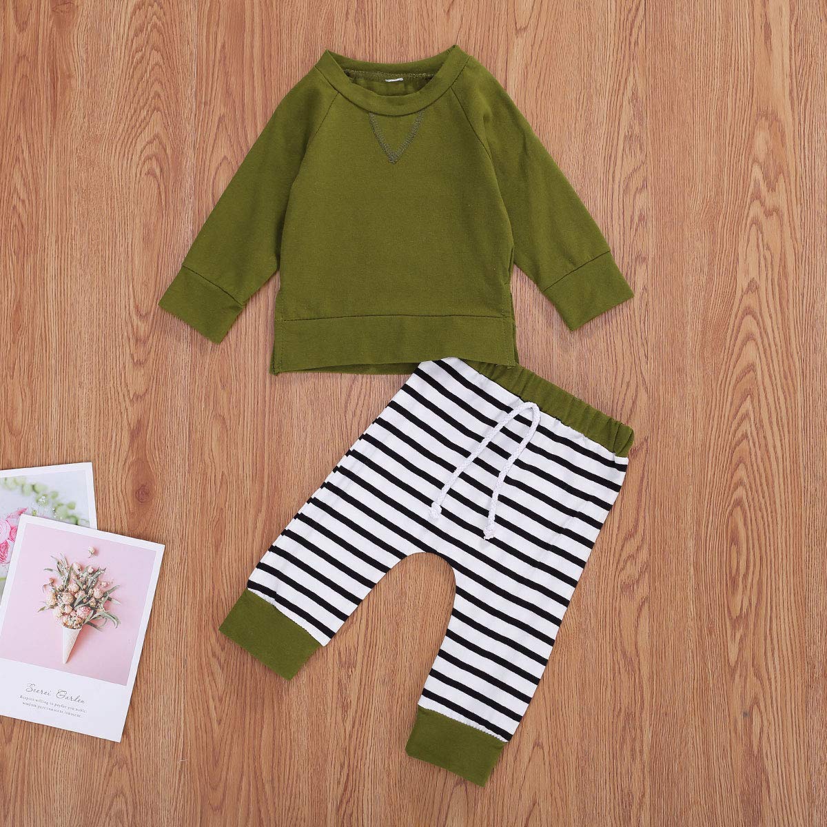 12-18 Months Baby Boy Girl Fall Outfits - 2Pcs Long Sleeve Pullover Sweatshirt & Striped Pants Set (Green) | Soft Cotton Comfort Wear for Newborn Infant Autumn Playdates & Photo Shoots