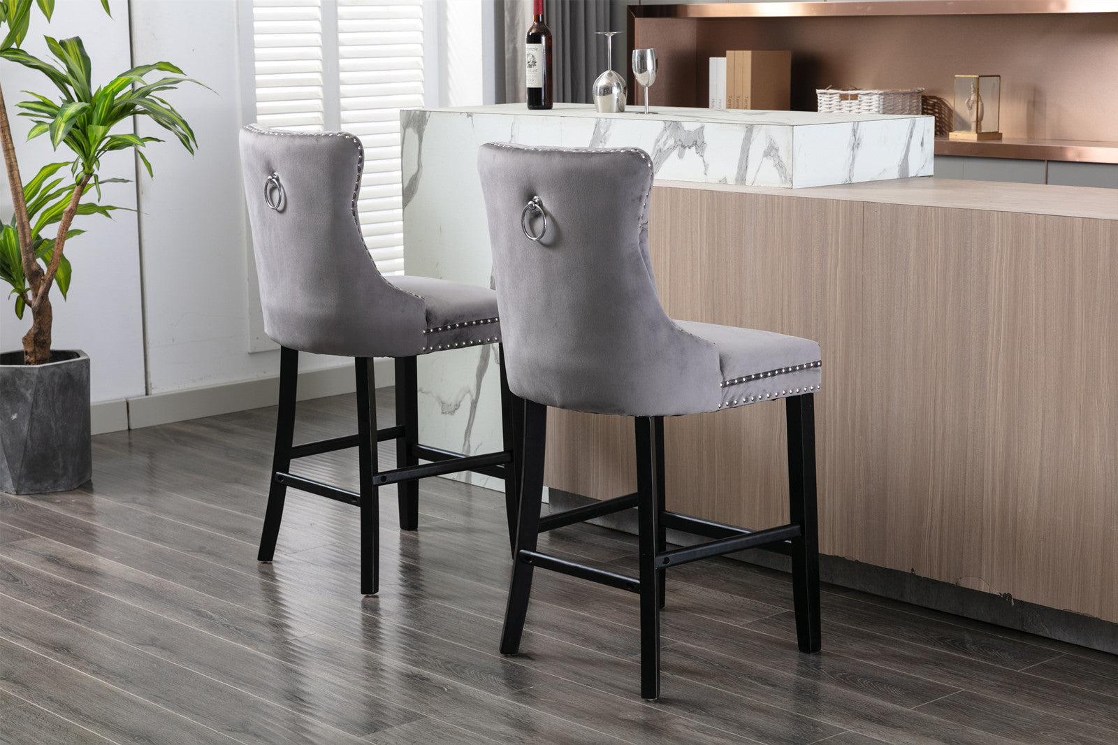 Contemporary Velvet Upholstered Bar Stools with Button Tufted Back & Wooden Legs - Set of 2 Gray Bar Chairs with Chrome Nailhead Trim for Kitchen Island, Breakfast Nook & Home Bar Decor (SW1902GY)