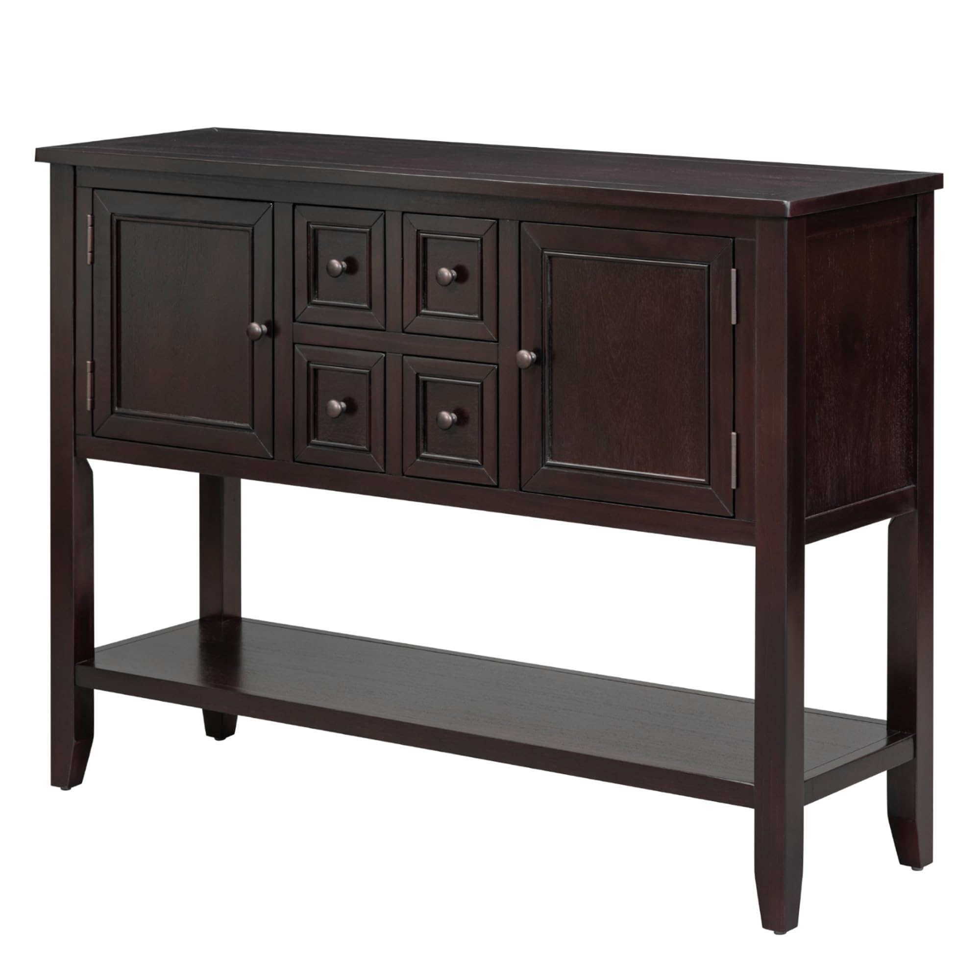 P PURLOVE Espresso Console Table with 4 Drawers & 2 Cabinets - Entryway Sofa Table, Buffet Sideboard for Living Room, Hallway Storage Furniture with Bottom Shelf
