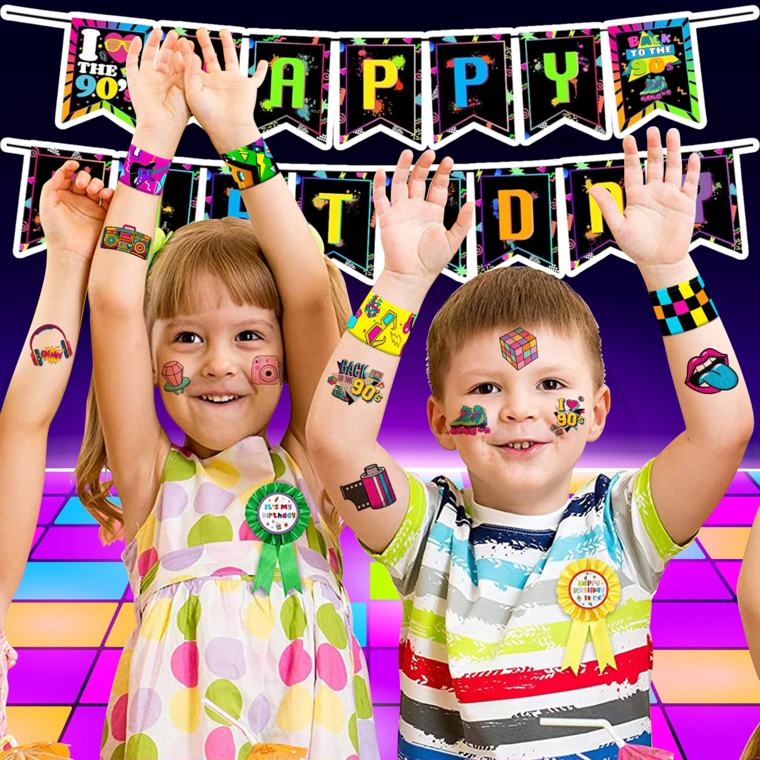 48PCS 90s & 80s Party Favors - 24PCS Temporary Tattoos & 24PCS Slap Bracelets, Retro 90s Birthday Party Supplies Decorations for Kids, Classroom Prizes & Rewards for Boys & Girls - Perfect for 90s Theme Parties, School Events & Birthday Gifts